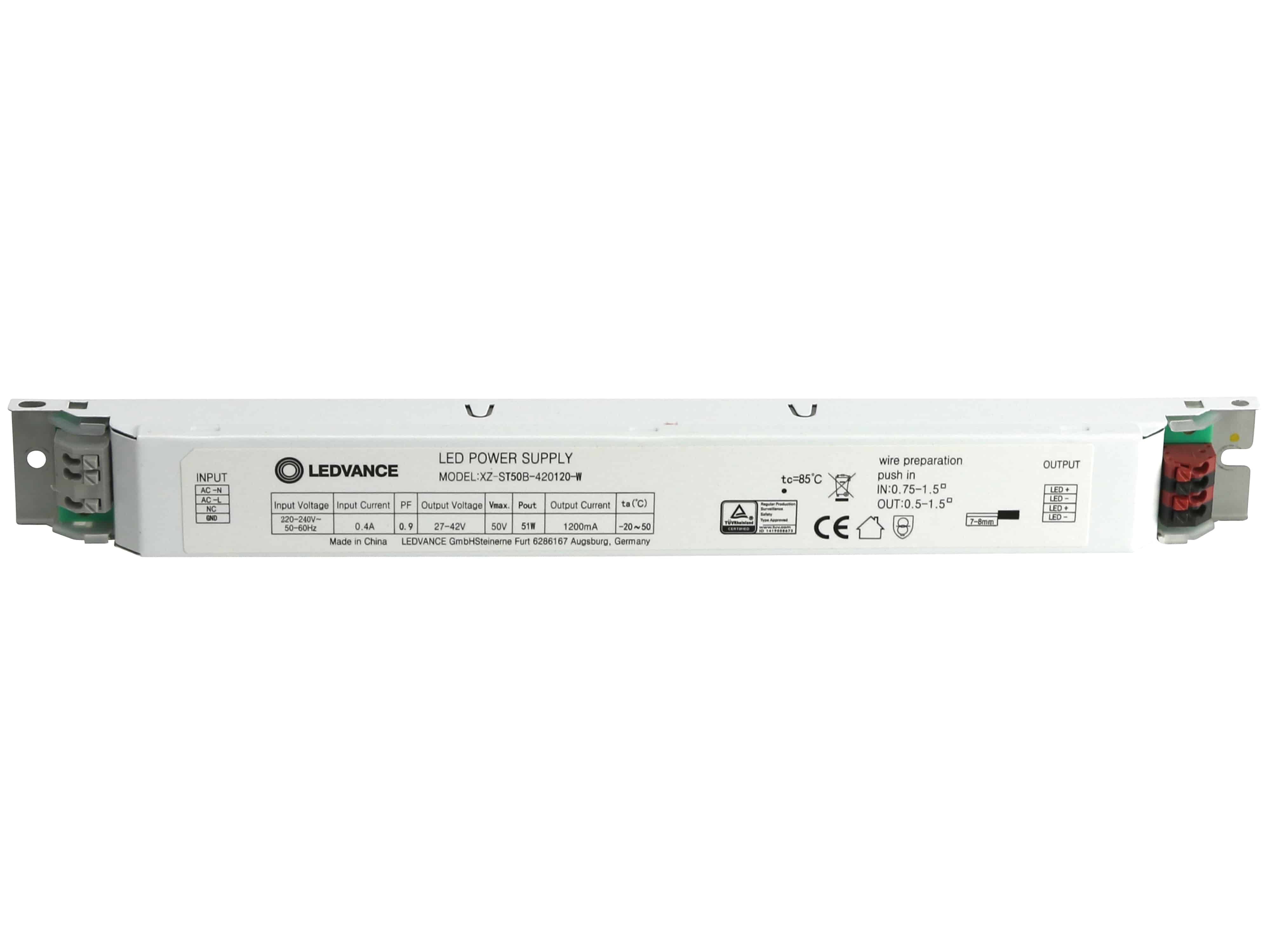 LED-STROMVERSORGUNG MODELL: LZ 15W; Eingang: 220-240V, 0,1A; Ausgang: 130V, 0,12A; Max. Betriebstemperatur: 75°C; CE-zertifiziert; Made in China.
