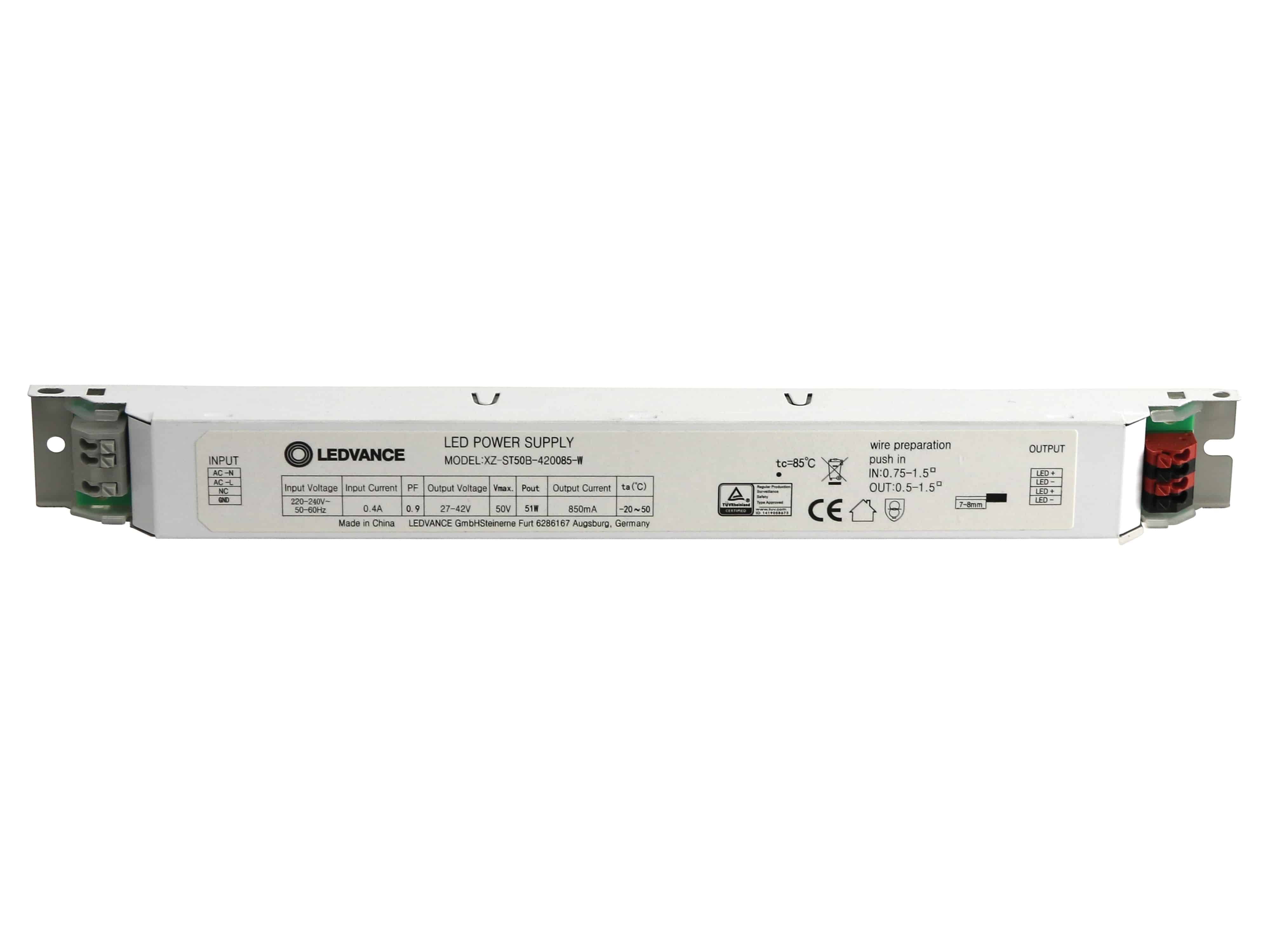 LEDVANCE LED-Stromversorgung, Modell: 53839-1000-09-E, Eingang: 220-240V, 50/60Hz, Ausgang: 57-143V, 1-6,9A, max. 100W.