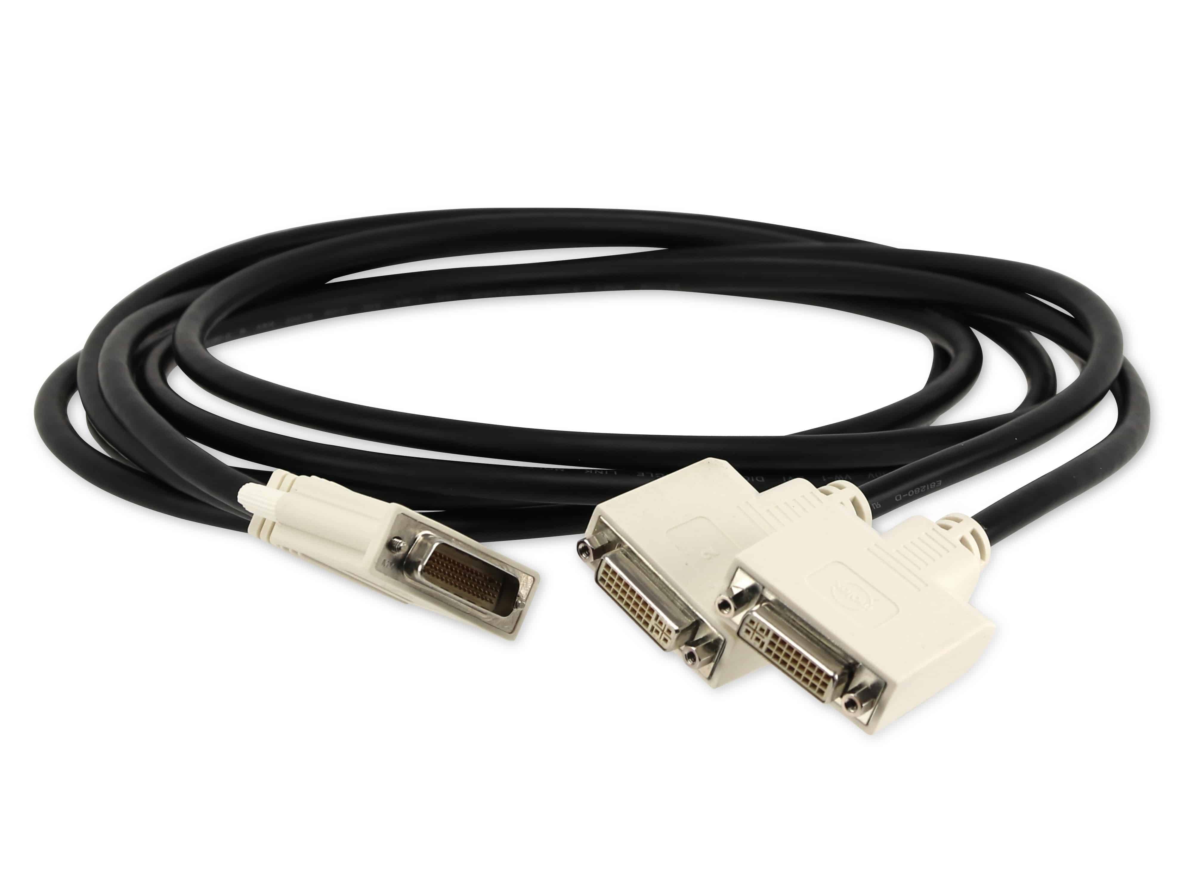 Ein schwarzes DMS-59-Splitterkabel mit zwei DVI-I-Anschlüssen an einem Ende und einem einzelnen DMS-59-Anschluss am anderen Ende, ordentlich aufgerollt.