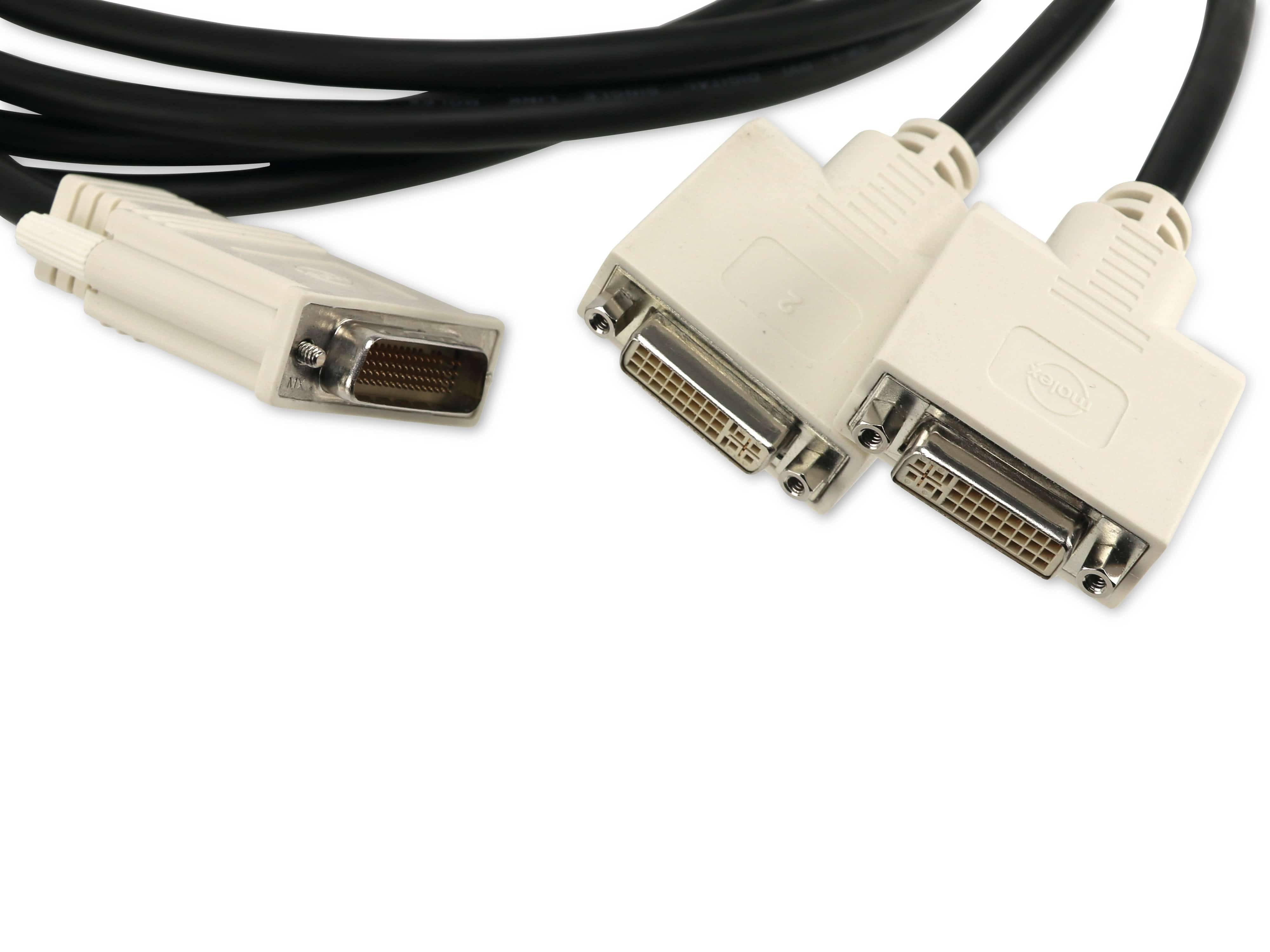 „DVI-Kabel mit Doppelsteckern an einem Ende, vor weißem Hintergrund gezeigt, wobei der Schnittstellentyp des Kabels hervorgehoben wird.