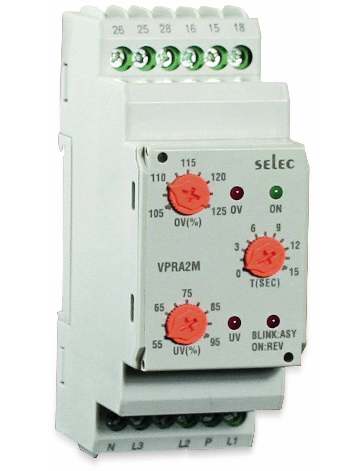Elektronisches Relaisgerät mit drei roten Drehknöpfen für Einstellungen. Drehknöpfe gekennzeichnet mit „OV(%)