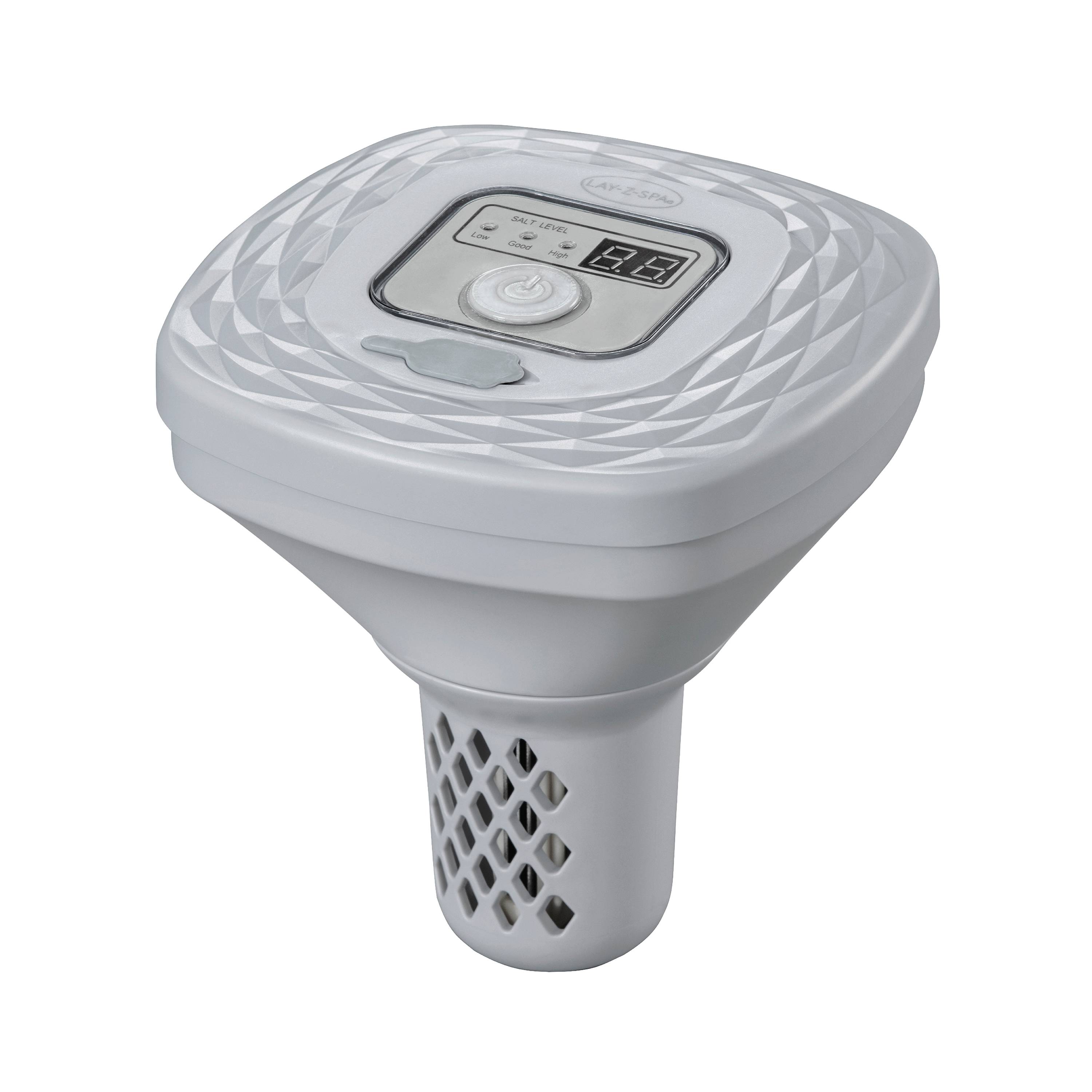 Eine weiße digitale Whirlpool-Pumpe mit Bedienfeld und digitaler Anzeige, die zur Regulierung der Wassertemperatur und Filtrationseinstelungen konzipiert ist.