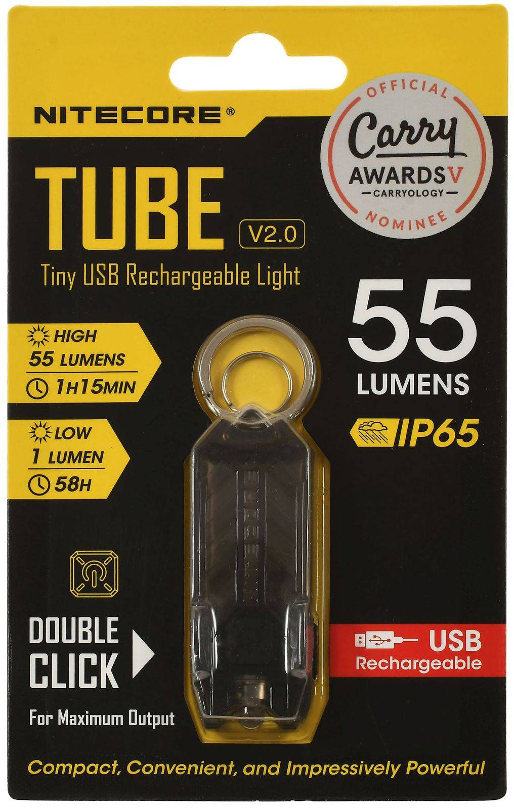TUBE V2.0 Winziges USB-aufladbares Licht. Hochleistung: 55 Lumen, 1h 15min. Niedrig: 1 Lumen, 58h. IP65 wasserdicht. Mehrfach ausgezeichneter Kandidat.