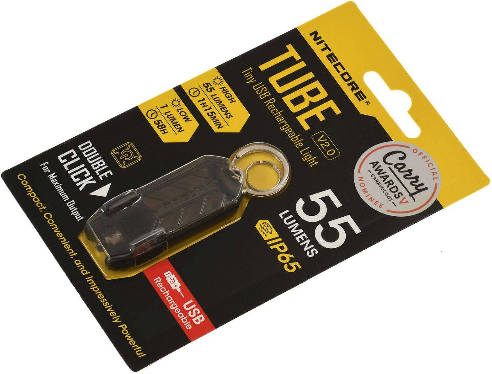Nitecore Tube V2.0' USB aufladbares Schlüsselbundlicht-Verpackung mit 55-Lumen-Ausgang, IP65-Schutzklasse und Doppelklick-Funktion.