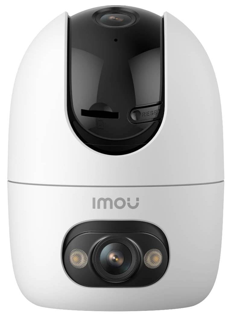 Eine weiße Überwachungskamera mit schwarzer Linse und 