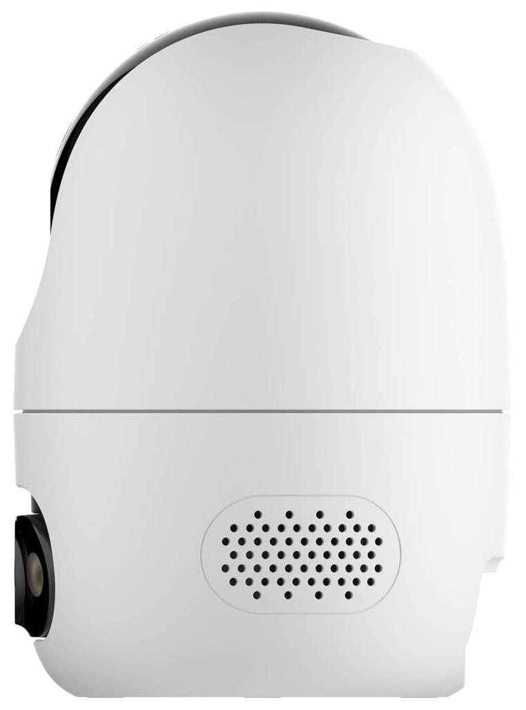 Ein kleines, weißes Gerät mit einer glatten, abgerundeten Oberseite und einem perforierten Lautsprecher an der Unterseite, entwickelt für die Hausüberwachung.