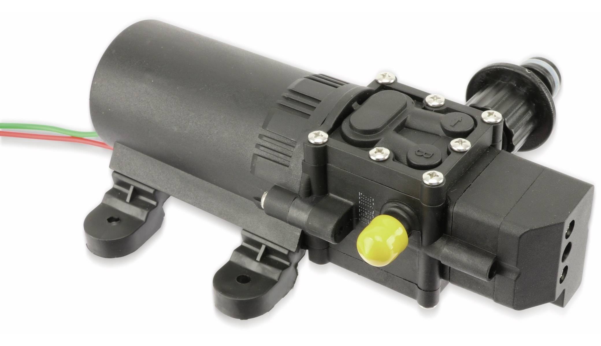 Eine schwarze Abwasserpumpe mit kompaktem zylindrischem Gehäuse und mehreren Anschlüssen, mit einer gelben Ventilkappe an der Vorderseite.