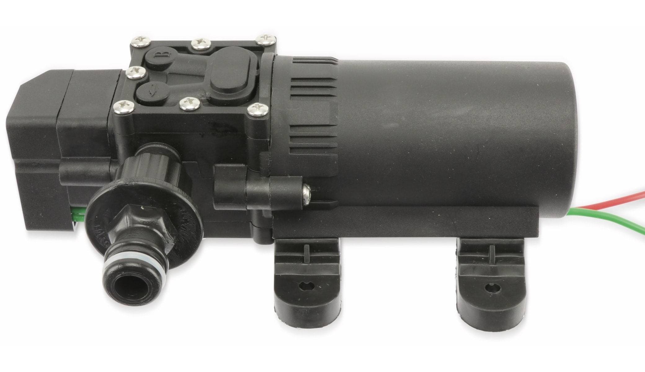 Eine schwarze Abwasserpumpe mit zylindrischem Gehäuse und mehreren sichtbaren Anschlüssen und Schrauben.