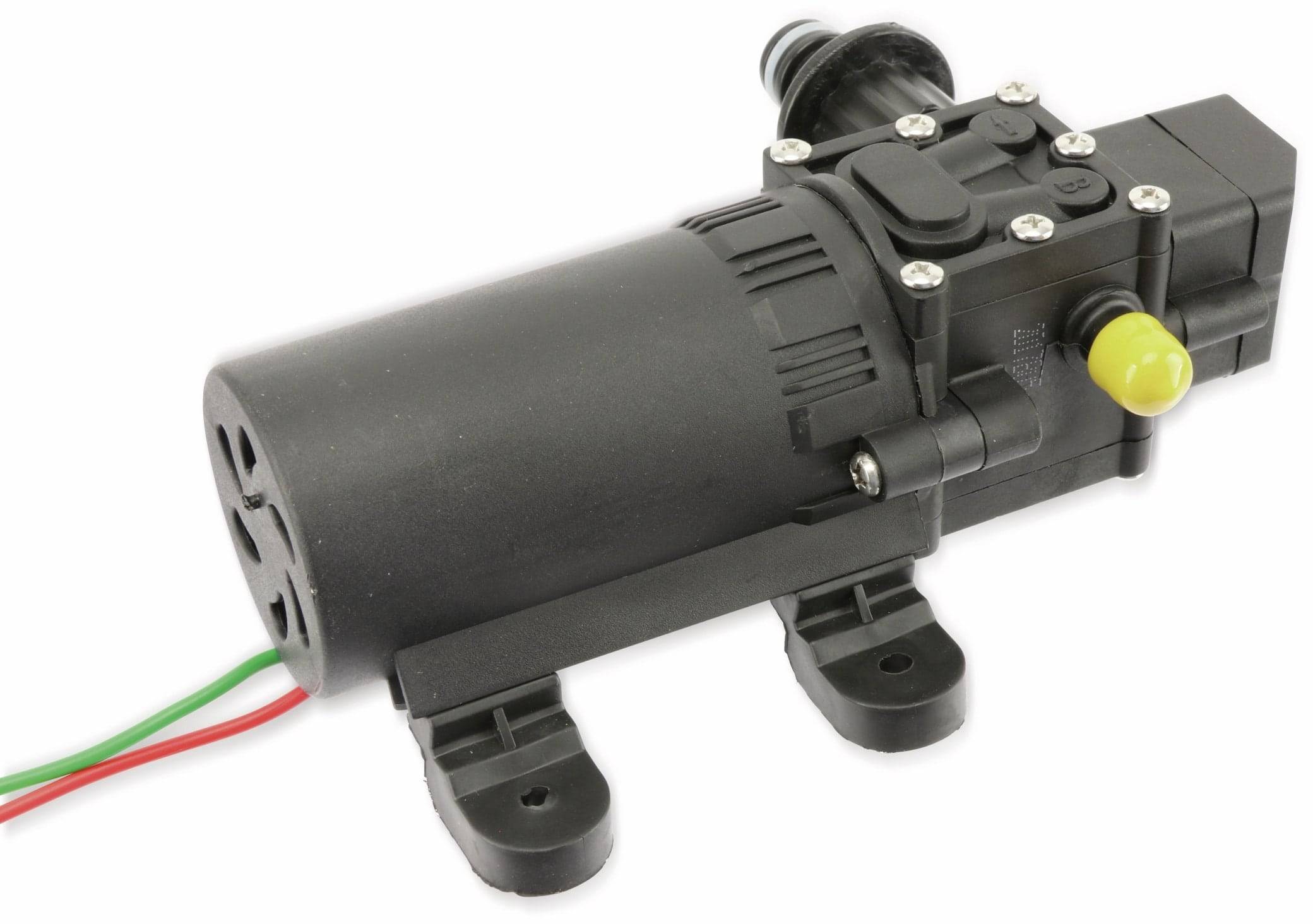 Eine schwarze und zylindrische Wasserpumpe mit Bolzen und angebrachten Drähten, konzipiert für Flüssigkeitstransfer in kleinflächigen Anwendungen.