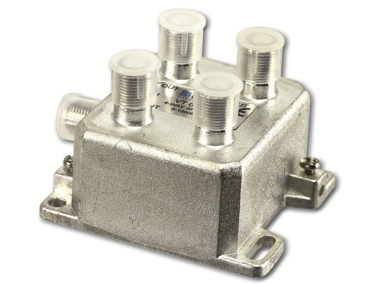 Ein Vier-Wege-Kabelteiler mit beschrifteten Ausgängen zur Signalverteilung auf mehrere Geräte wird vor einem neutralen Hintergrund gezeigt.