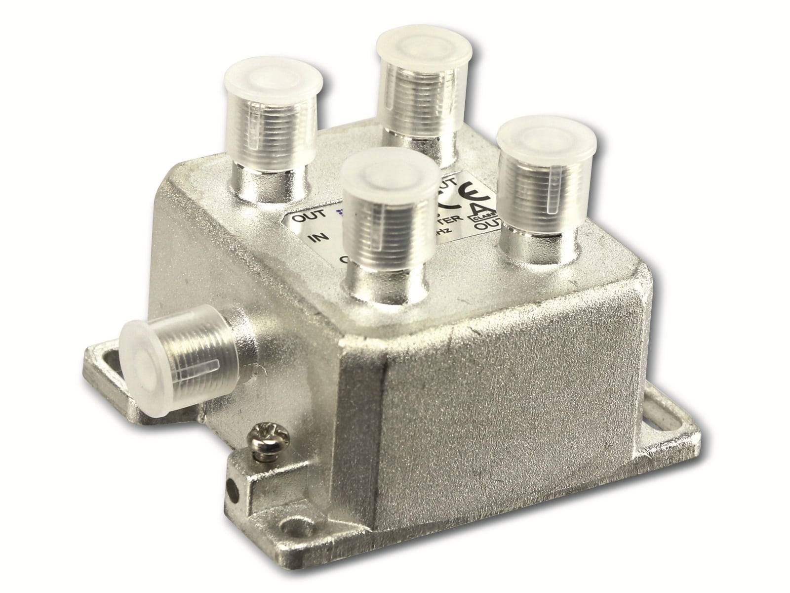 Ein silberner koaxialer Splitter mit vier Ausgangsanschlüssen und einem Eingang wird gezeigt, der zum Verteilen von Kabelsignalen auf mehrere Geräte verwendet wird.