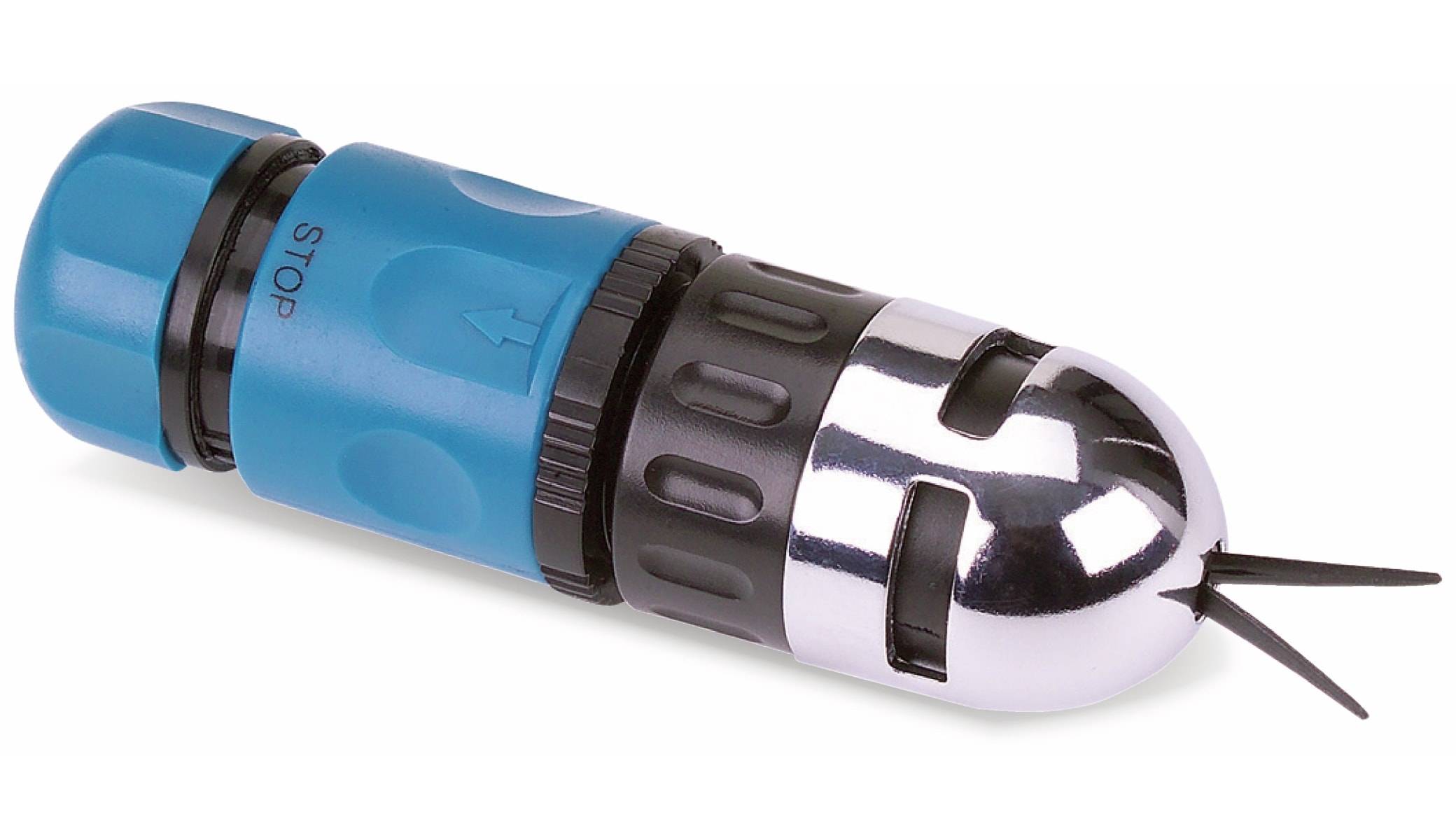 Ein blau-schwarzer kabelloses Bohrgerät mit metallischem Bohrfutter, das den Bohrbereich und einen Teil des Griffs zeigt.