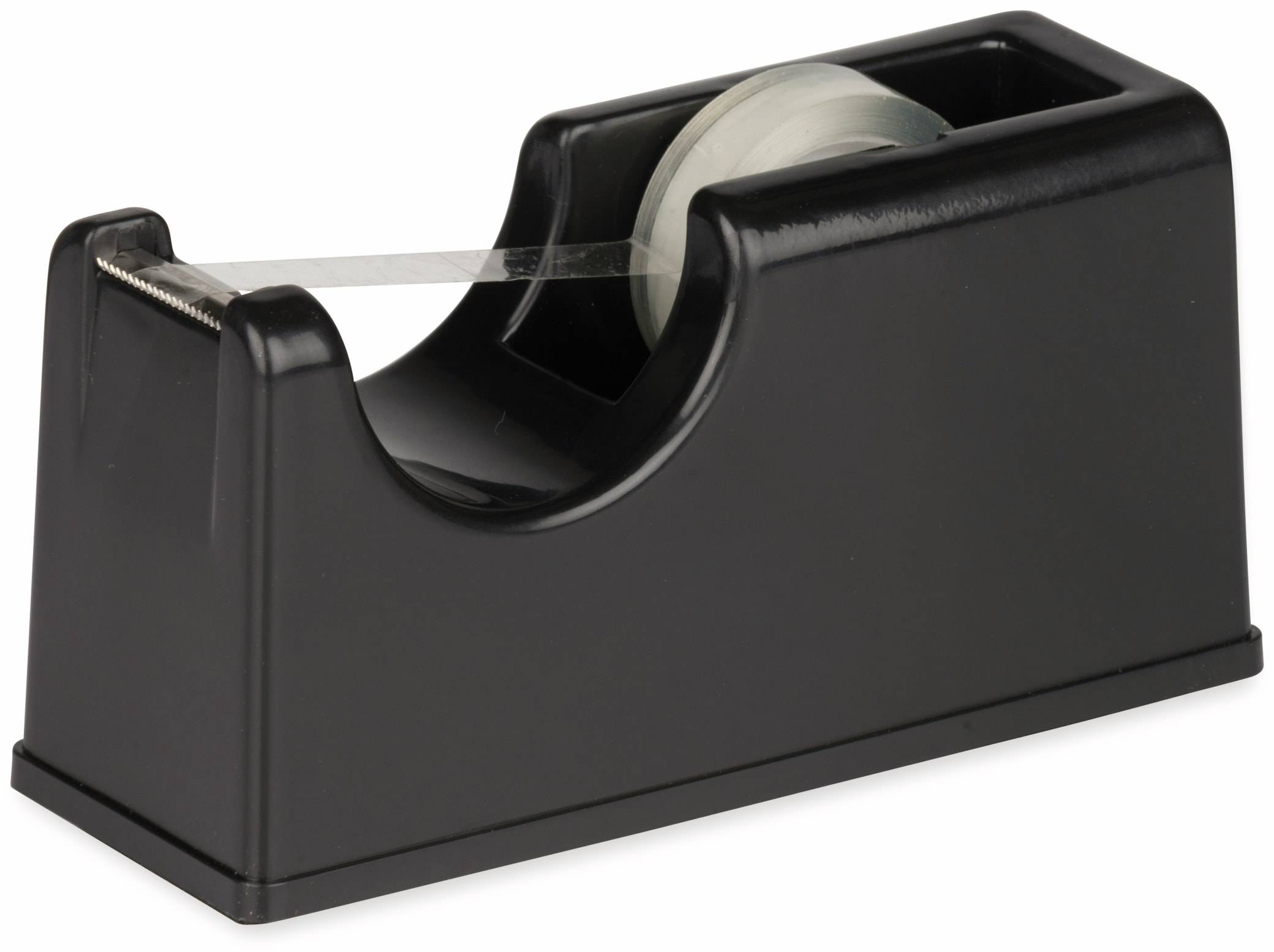 Ein schwarzer Taperoller mit einer sichtbaren Rolle durchsichtigem Klebeband, diagonal positioniert, das seine Schneidekante und Funktionalität zeigt.