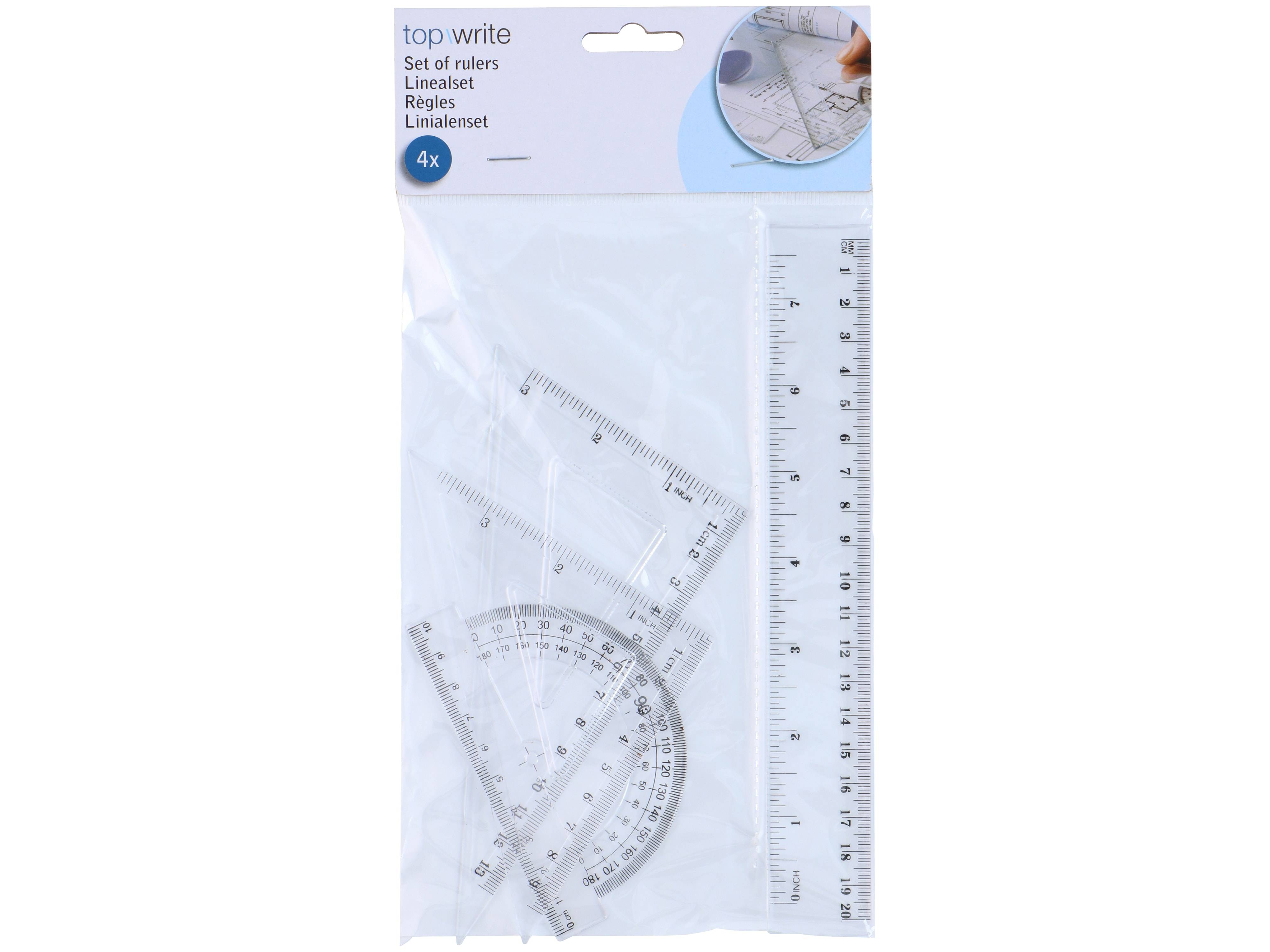 Ein Satz aus vier transparenten Messwerkzeugen, bestehend aus einem Lineal, einem Winkelmesser und zwei Dreiecken in einer Kunststoffverpackung mit der Bezeichnung „Satz von Linealen