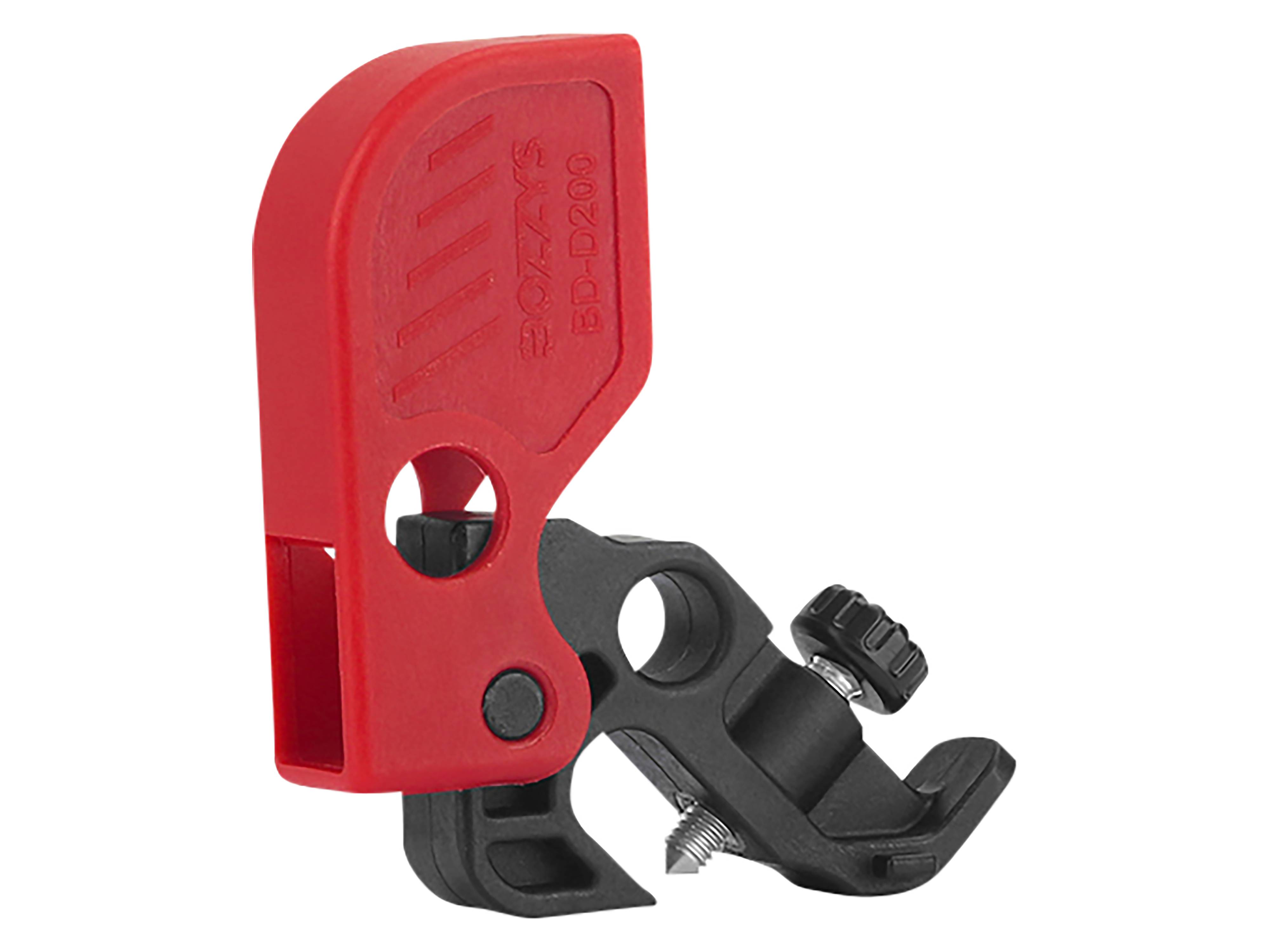 Ein rot und schwarz gefärbtes klammerartiges Gerät, das zum sicheren Halten von Gegenständen verwendet wird.