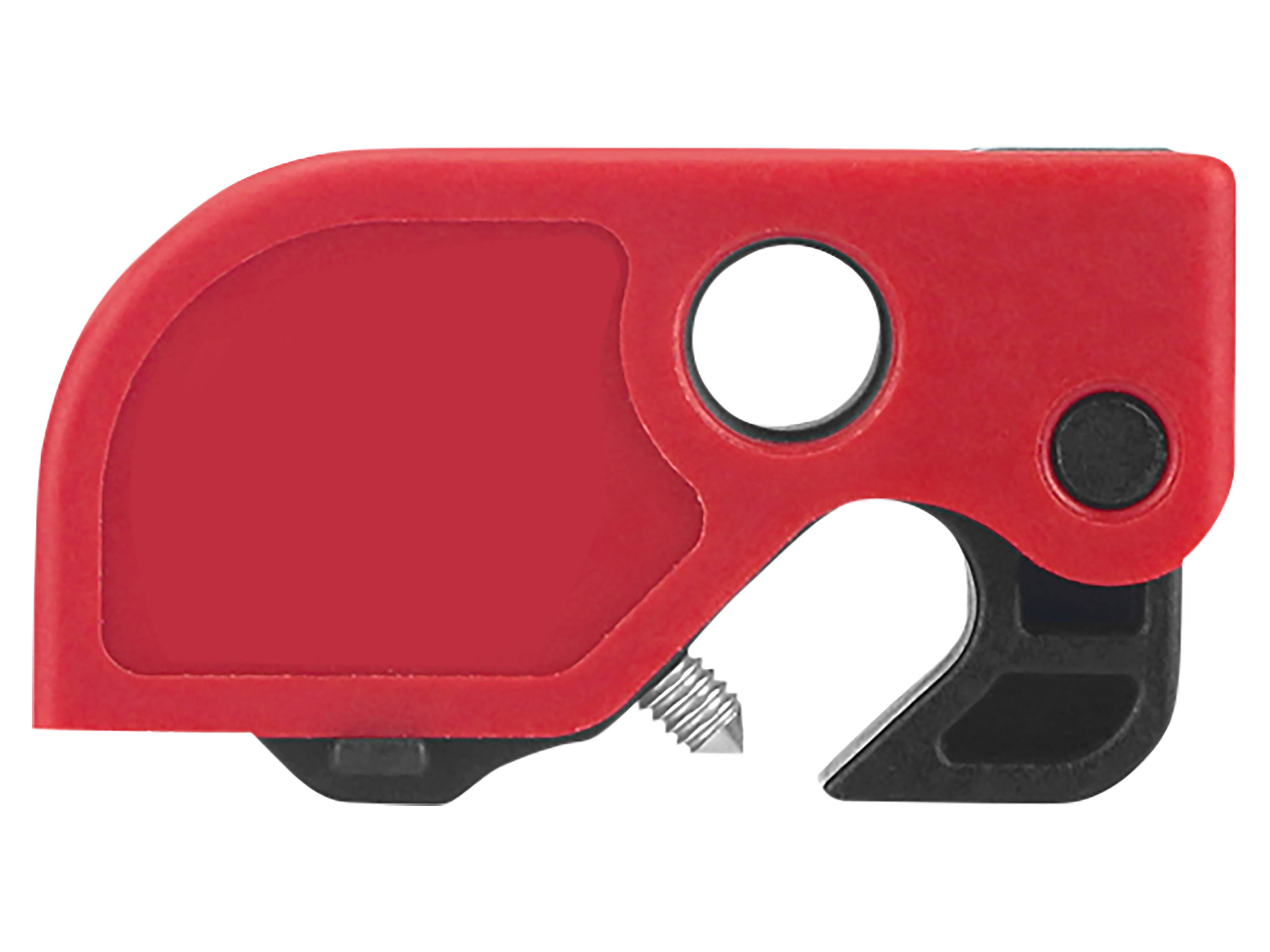 Nahaufnahme eines roten tragbaren Werkzeugs mit einem kreisförmigen Messinstrument und einer hervorstehenden Metallklinge an der Seite, das zum Schneiden oder Einritzen von Material verwendet wird.