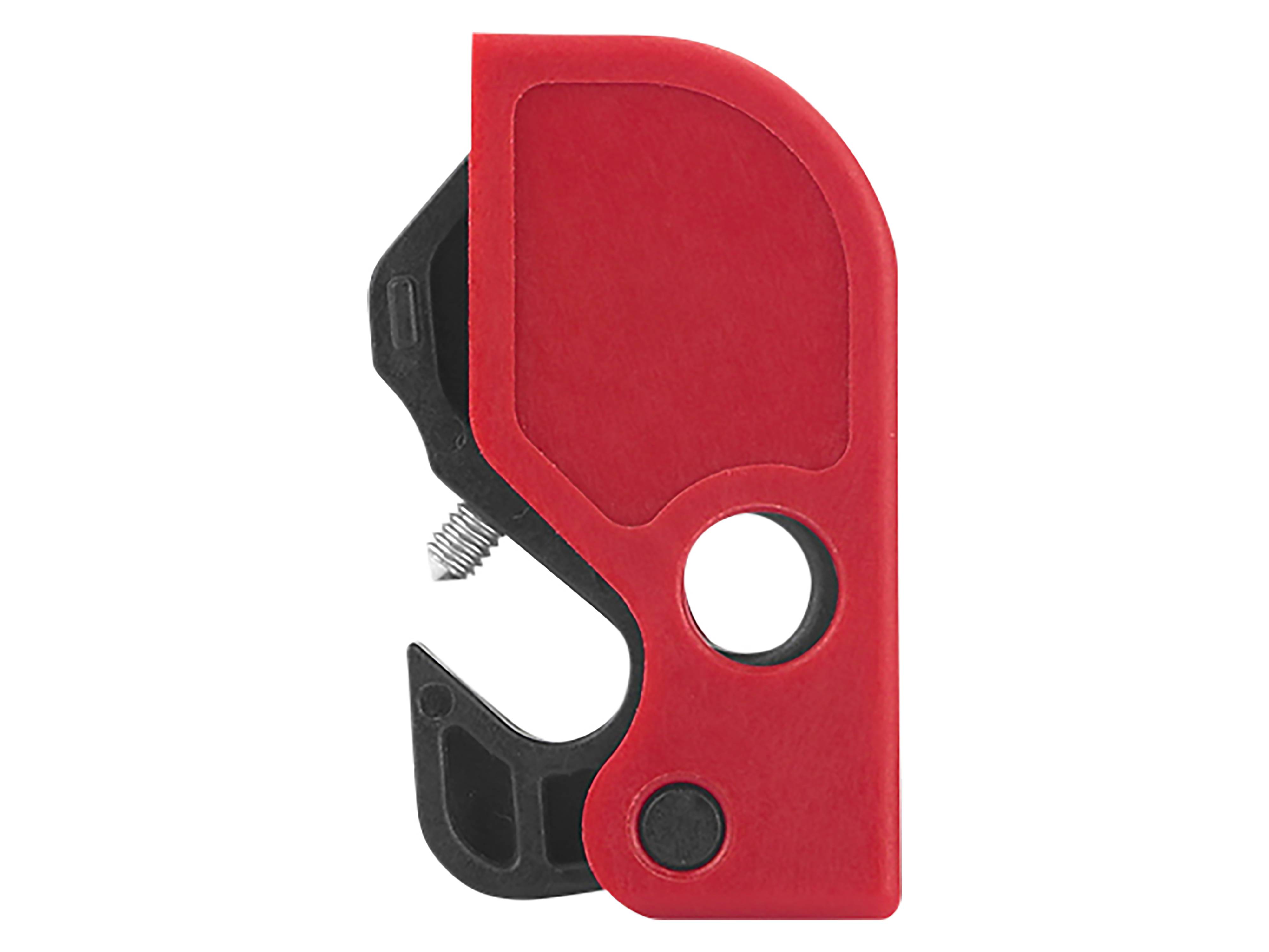 Ein kleines, rot-schwarzes Kunststoffgerät mit einem Loch und einer Metallfeder, wahrscheinlich ein Universalwerkzeug oder Schneider, das für kompakte Verwendung konzipiert ist.