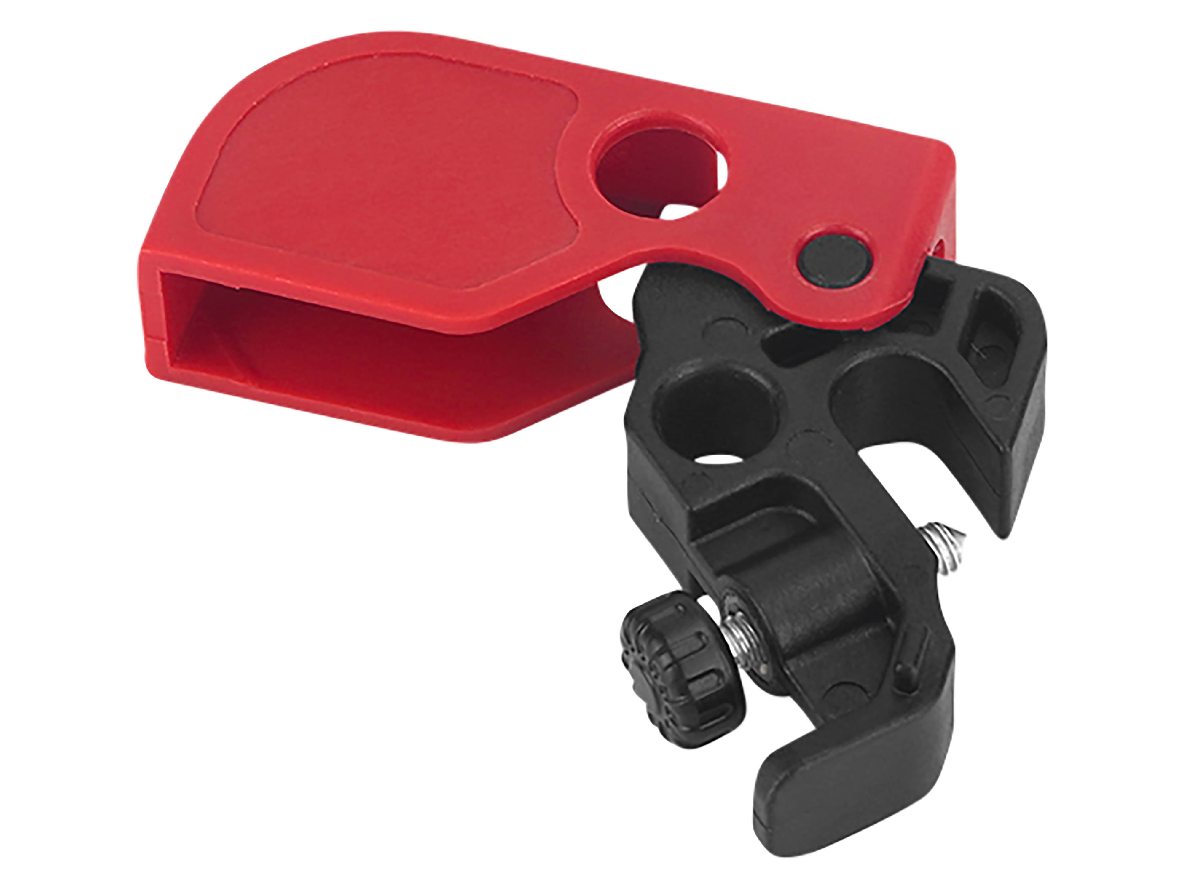 Eine rot und schwarze Halterung oder Klemme mit Schraubenverstellung, die zum Sichern oder Befestigen eines Objekts konzipiert ist, möglicherweise für fotografische oder elektronische Ausrüstung.