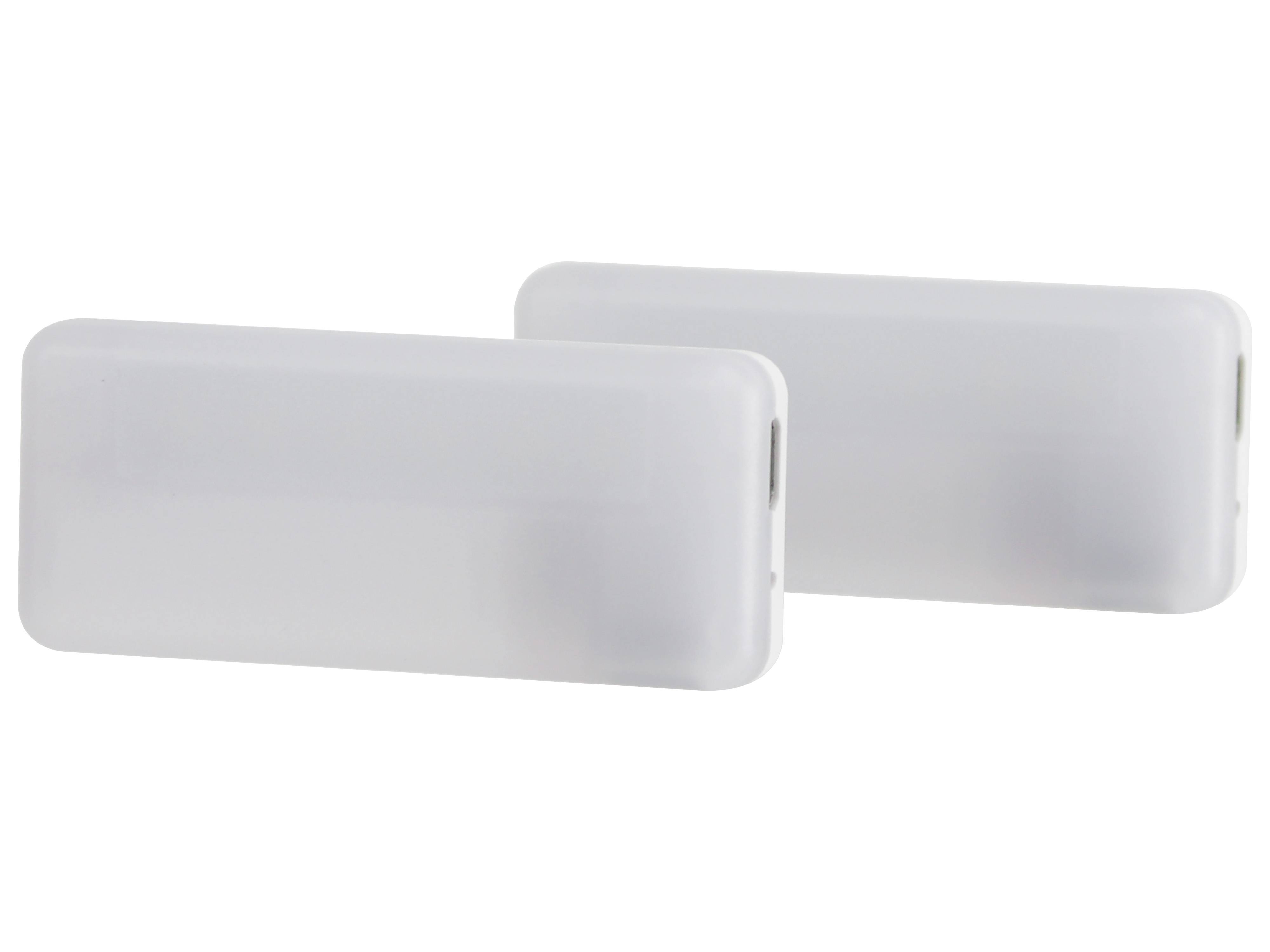 Zwei weiße rechteckige Wandschalter mit glatter Oberfläche, nebeneinander in einer neutralen Umgebung positioniert.