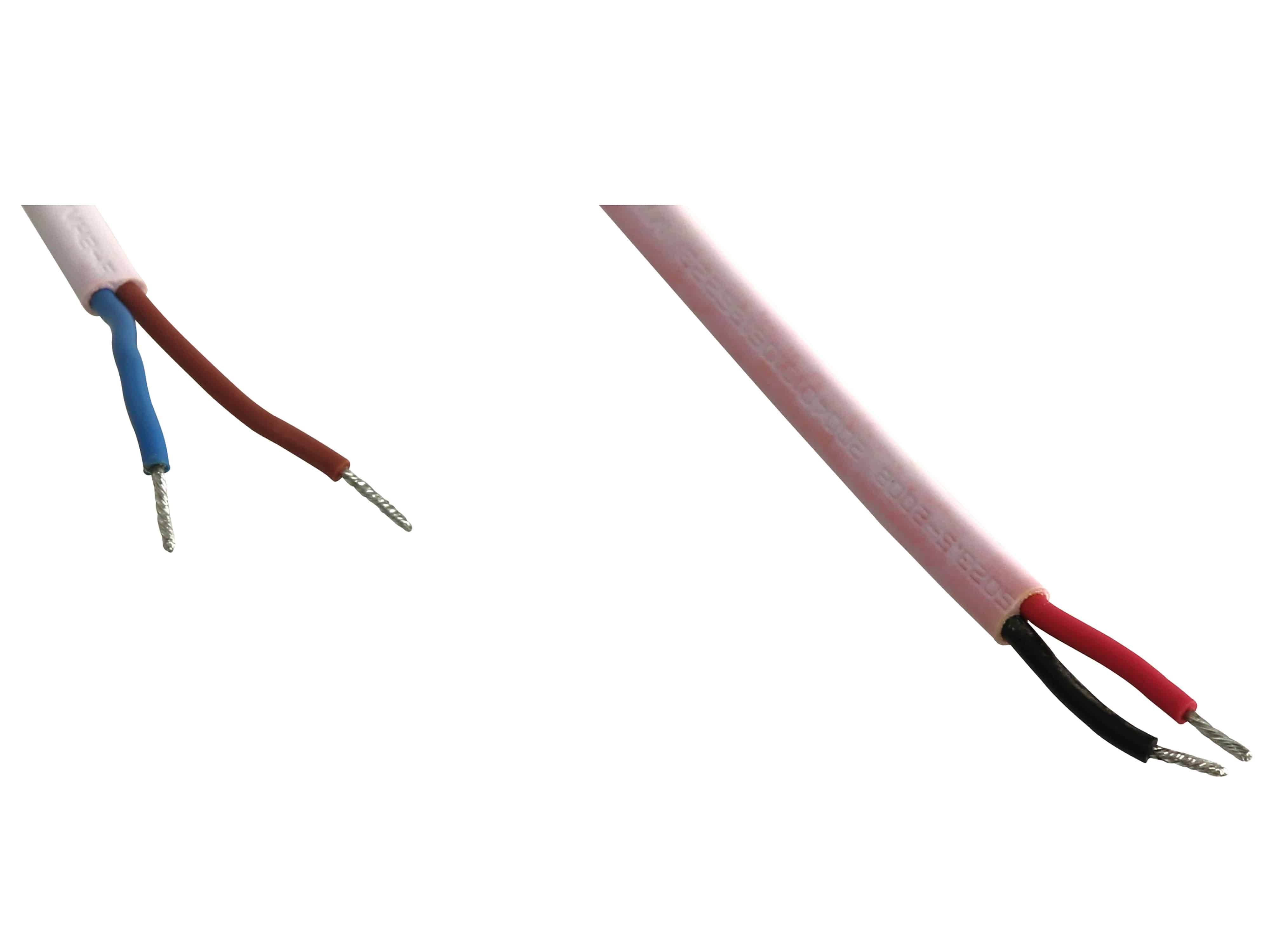 Ein rot und schwarz gefärbtes Elektrokabel mit freiliegenden Metalladern an den Enden, wahrscheinlich für Elektroverbindungen oder Installationen verwendet.