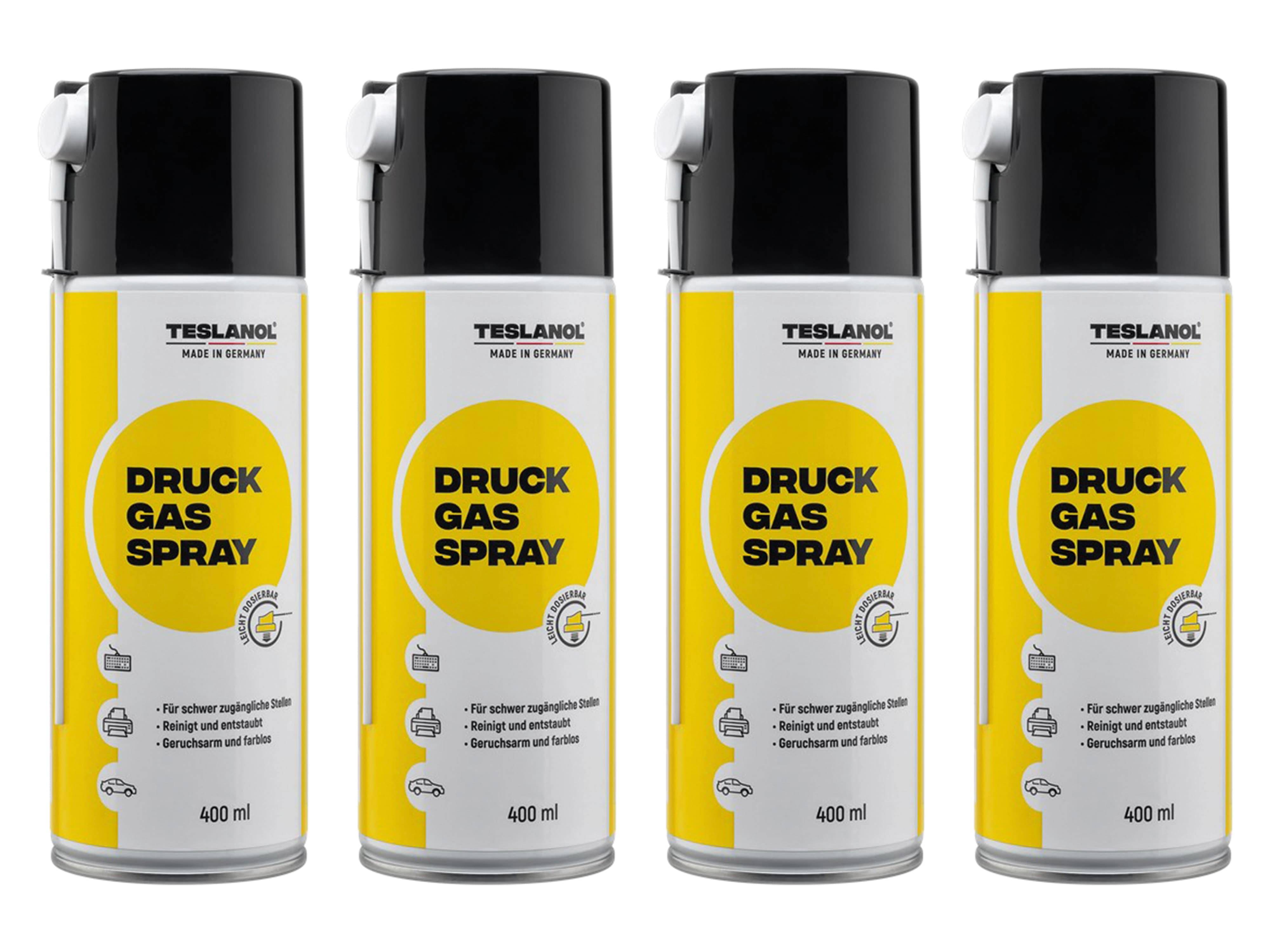 Vier identische Dosen Teslanol-Gassprays, mit der Aufschrift „Druck Gas Spray