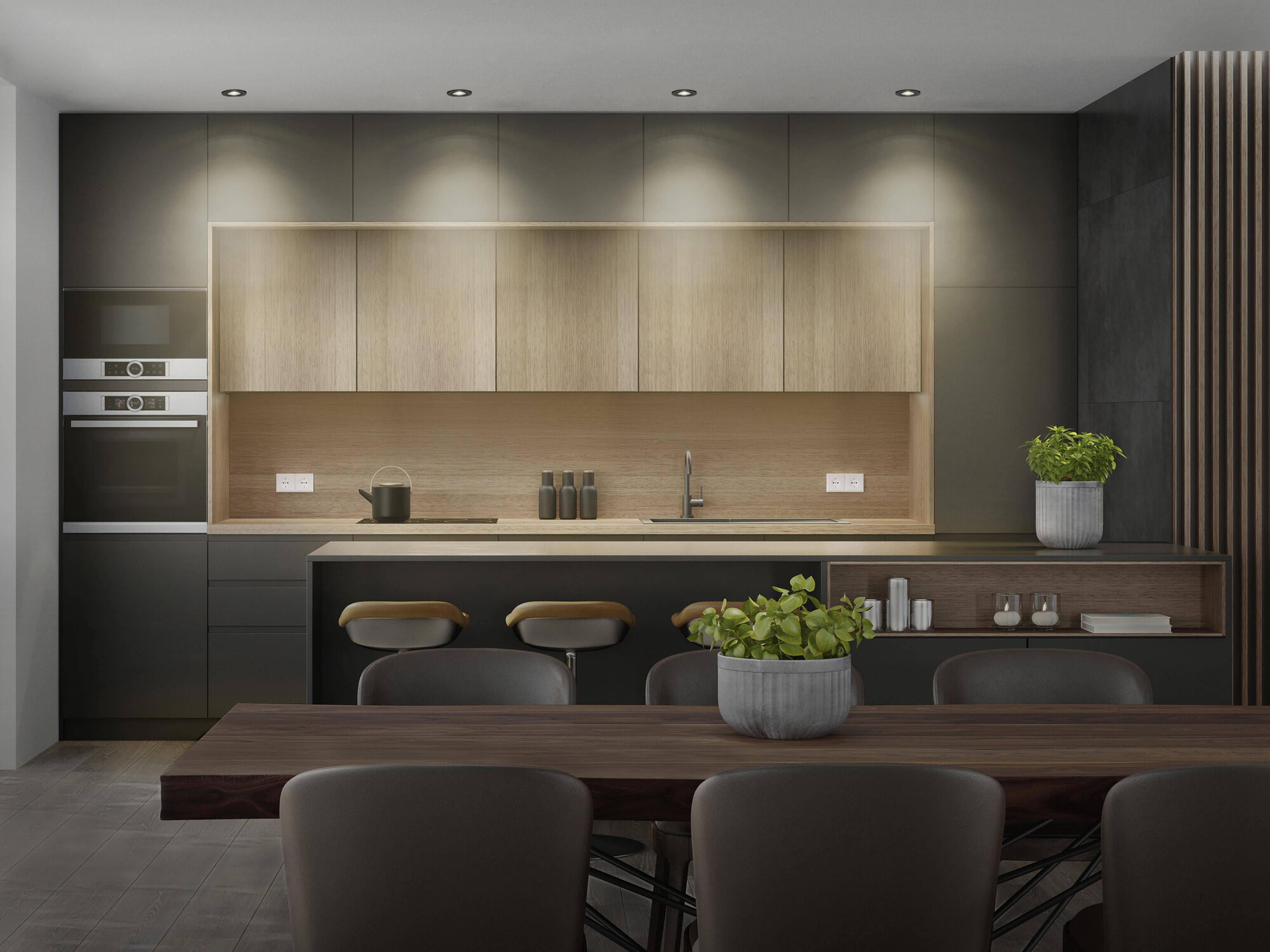 Moderne Küche mit dunklen Holzschränken, eleganten Arbeitsplatten und einem großen Esstisch mit Stühlen. Subtile Beleuchtung schafft eine gemütliche Atmosphäre.
