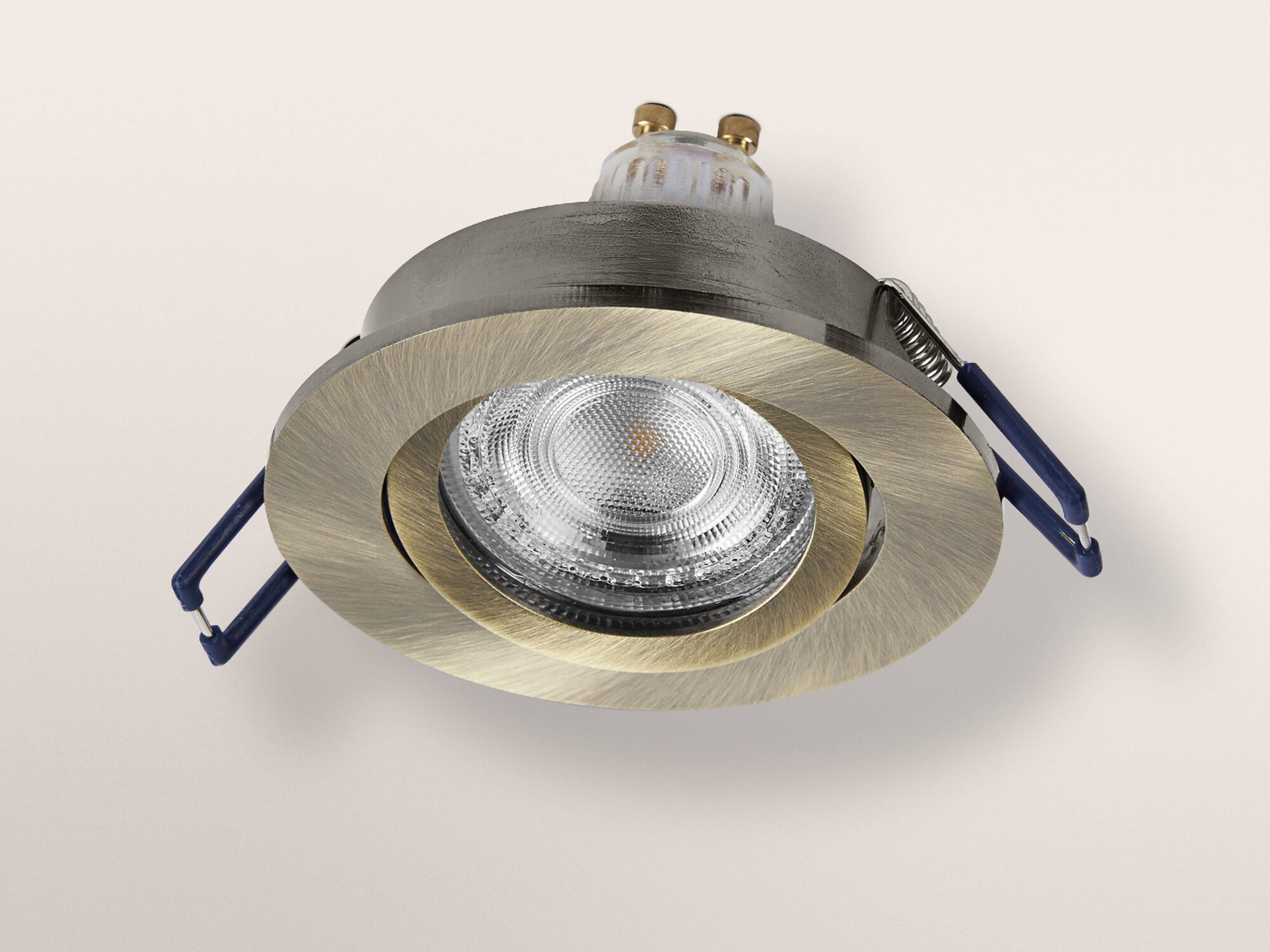 Eingebauter verstellbarer LED-Deckenspot mit Metallicoberfläche, konzipiert für die Deckenmontage, ausgestattet mit zwei Befestigungsklammern.