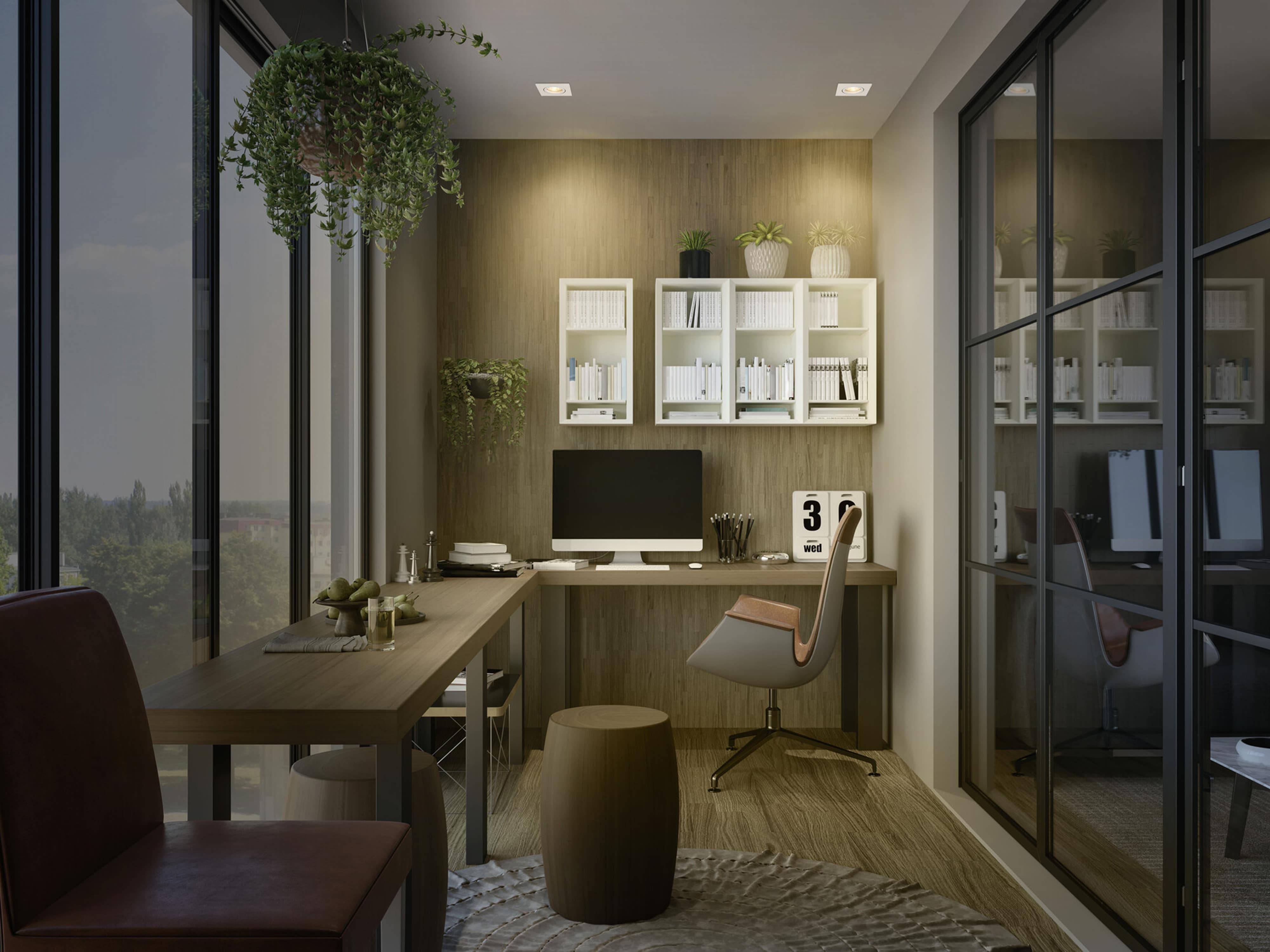 Ein kleines, modernes Büro mit einem Holzschreibtisch, Computer, Stuhl und an der Wand montierten Regalen, die Bücher und dekorative Gegenstände enthalten.