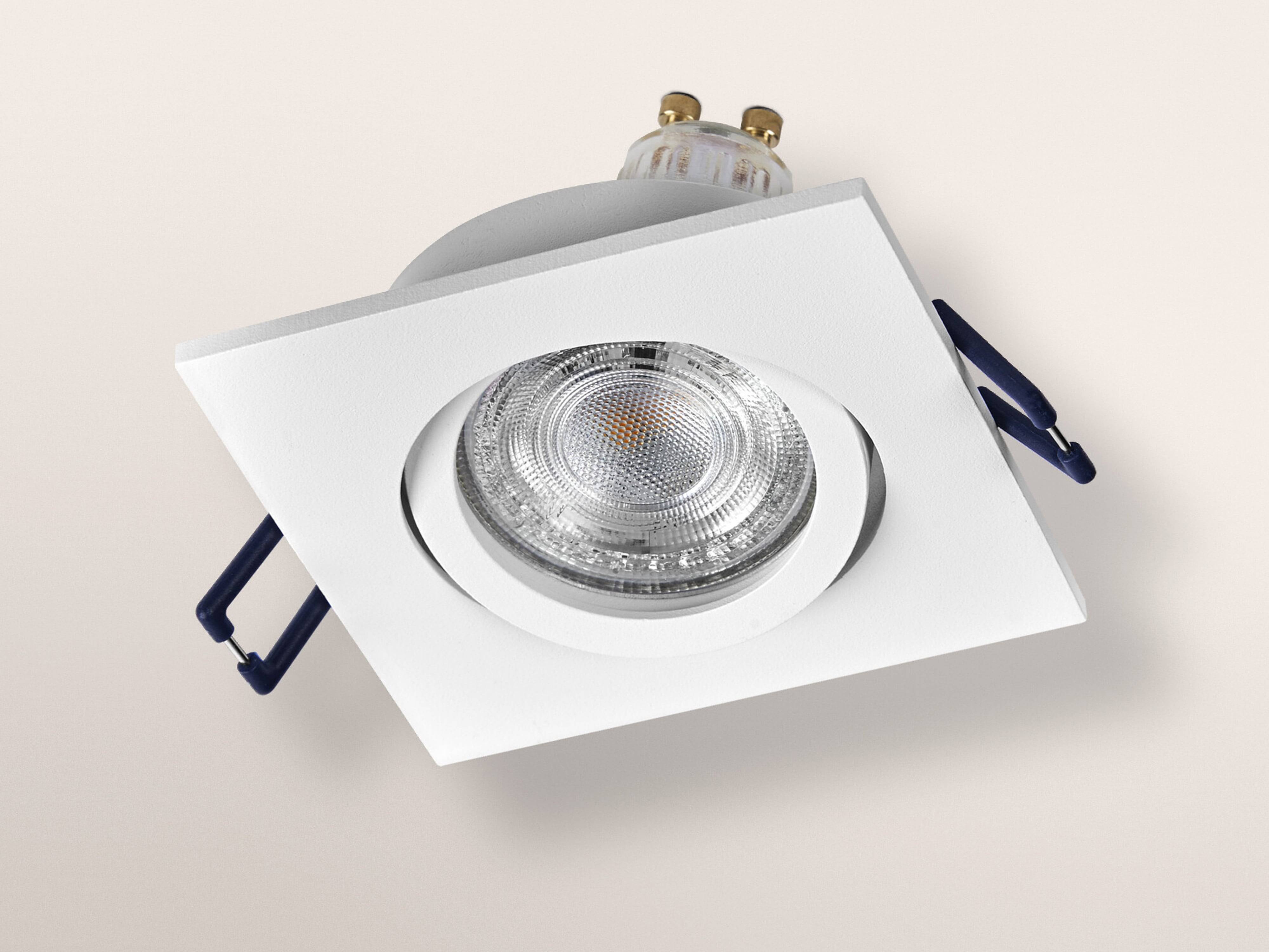Quadratische Einbauleuchte für die Decke mit rundem Leuchtmittel und verstellbaren Halterungen, geeignet für moderne Innenräume und fokussierte Beleuchtung.