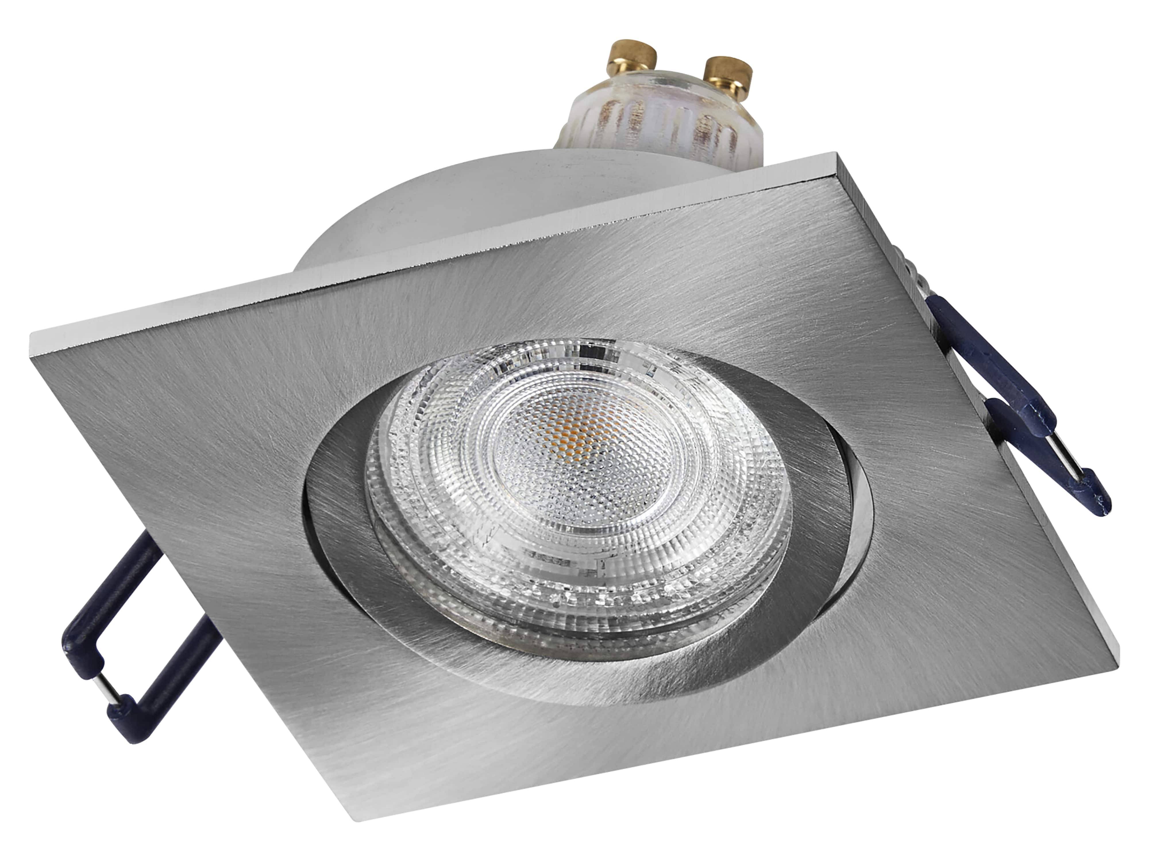 Quadratischer, silberner Deckenspot mit einer runden, glasabgedeckten Glühbirne, von unten betrachtet, vor einem einfachen Hintergrund.