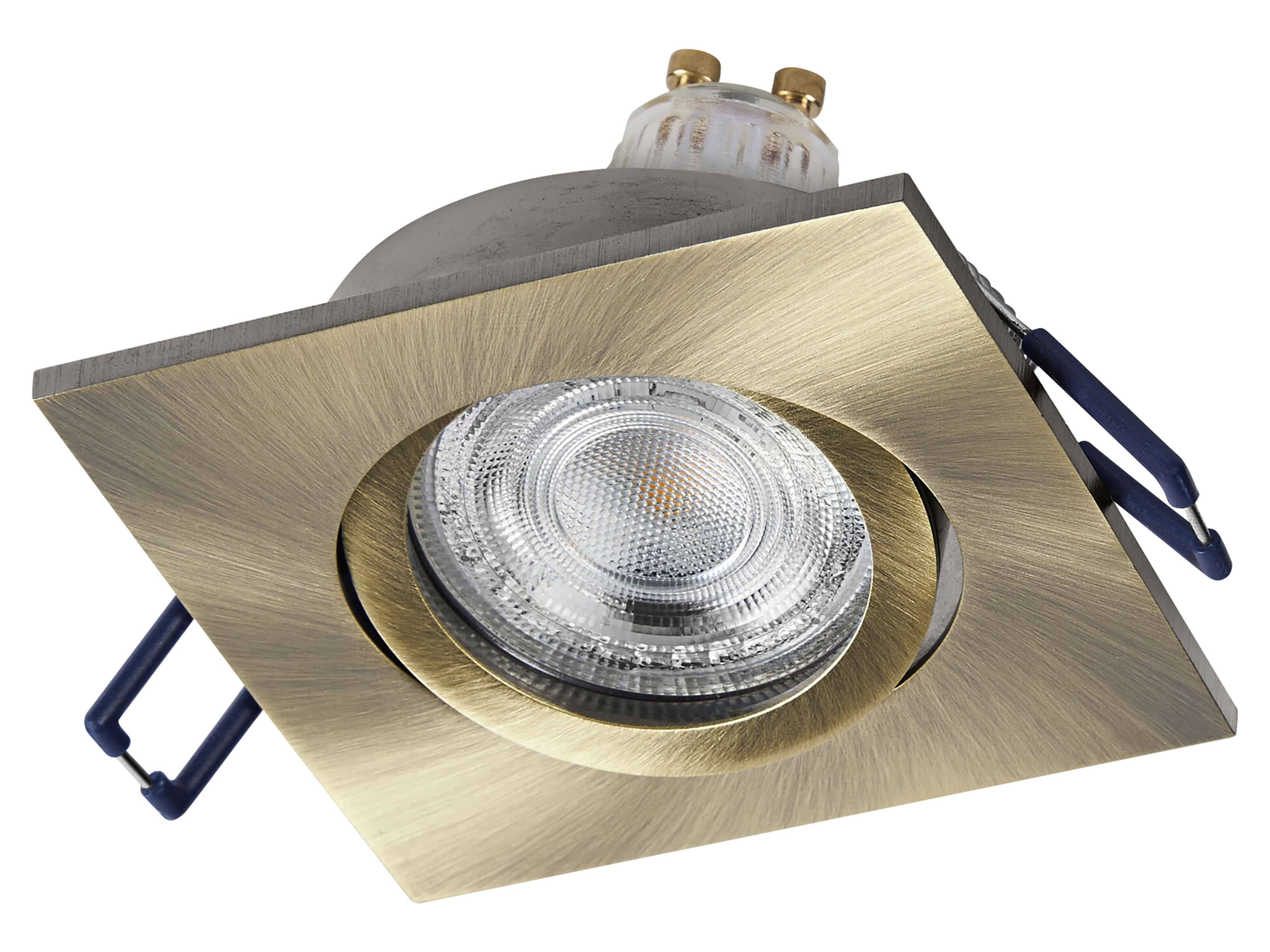 Quadratische Einbau-Deckenleuchte mit Goldfinish und verstellbarem, rundem LED-Lampenfassungseinsatz, leicht zur Seite geneigt.