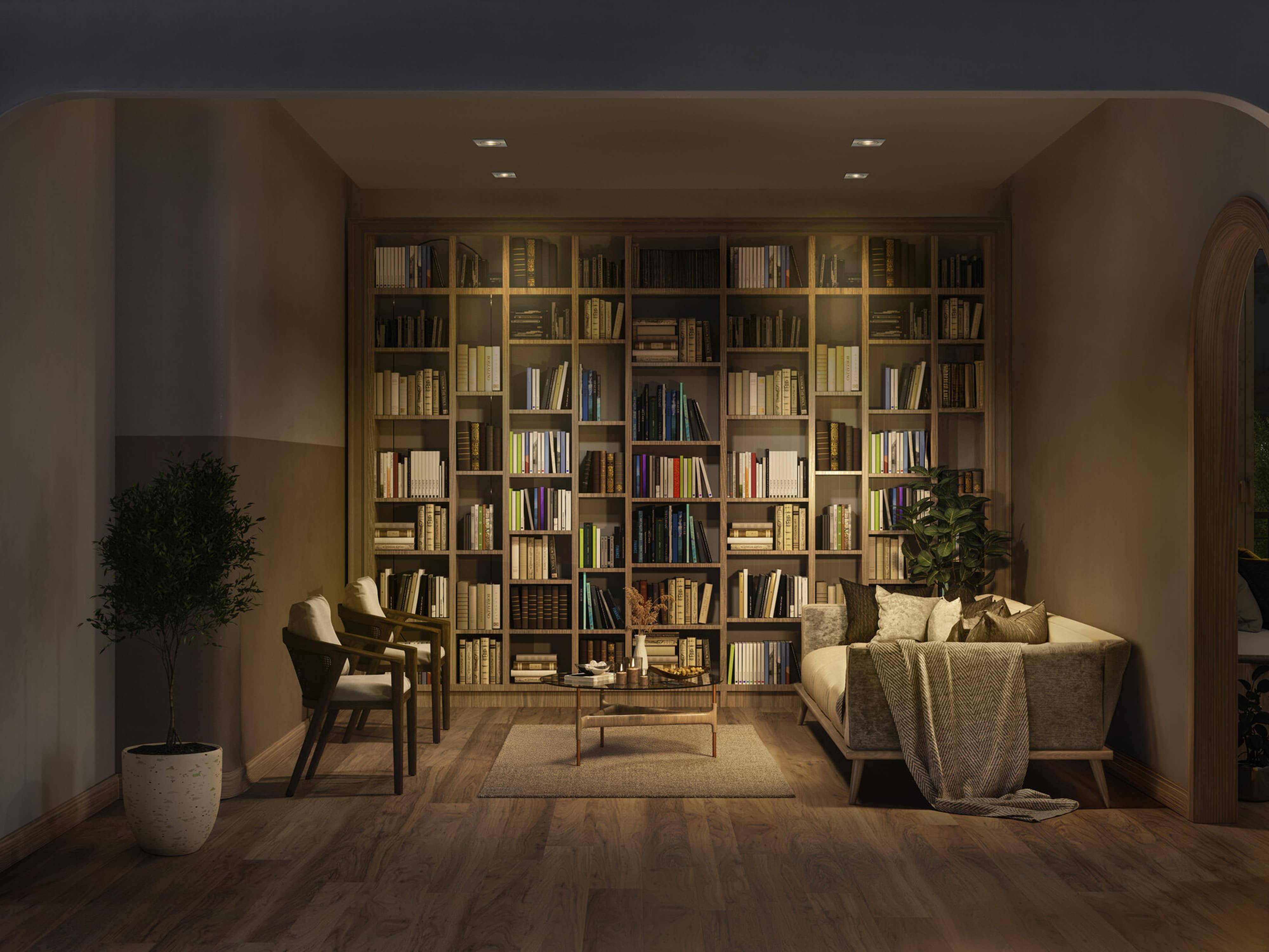 Eine gemütliche Leseecke mit einer Bücherwand, einem kleinen Sitzbereich mit Stühlen und Kissen und sanfter, warmer Beleuchtung, die eine entspannende Atmosphäre schafft.