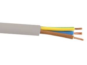 Eine Nahaufnahme eines durchtrennten Elektrokabels mit vier freigelegten Drähten. Die Drähte sind grün, gelb, blau und braun gefärbt.