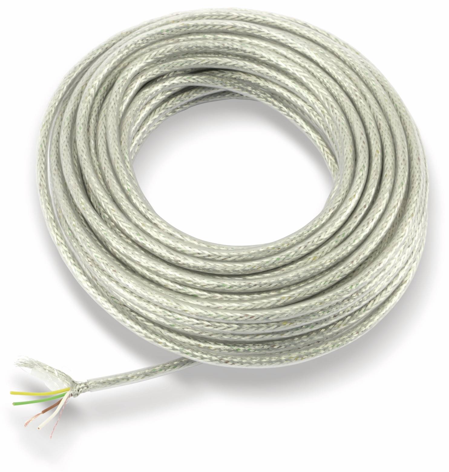 Eine Spule aus grauem geflochtenen Elektrodraht mit freigelegten farbigen Drähten an einem Ende, geeignet zum Verbinden von Elektrogeräten oder Schaltkreisen.