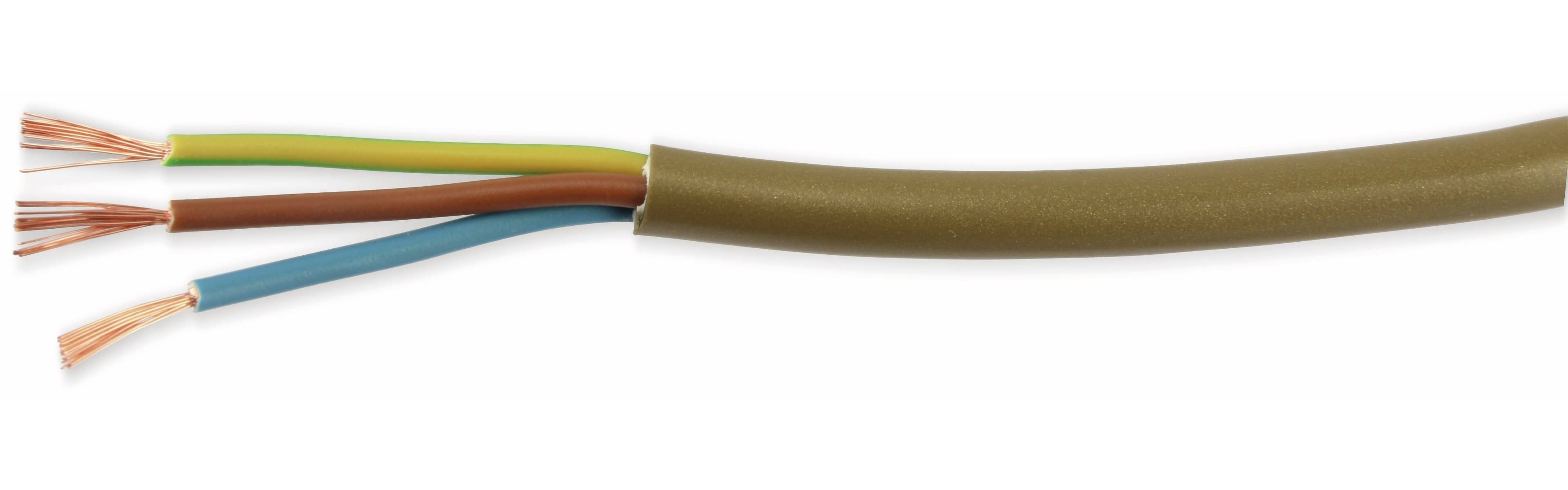 Ein durchgeschnittener Kabelquerschnitt mit drei farbigen Adern: gelb mit grünen Streifen, braun und blau, die elektrische Verkabelung anzeigen.