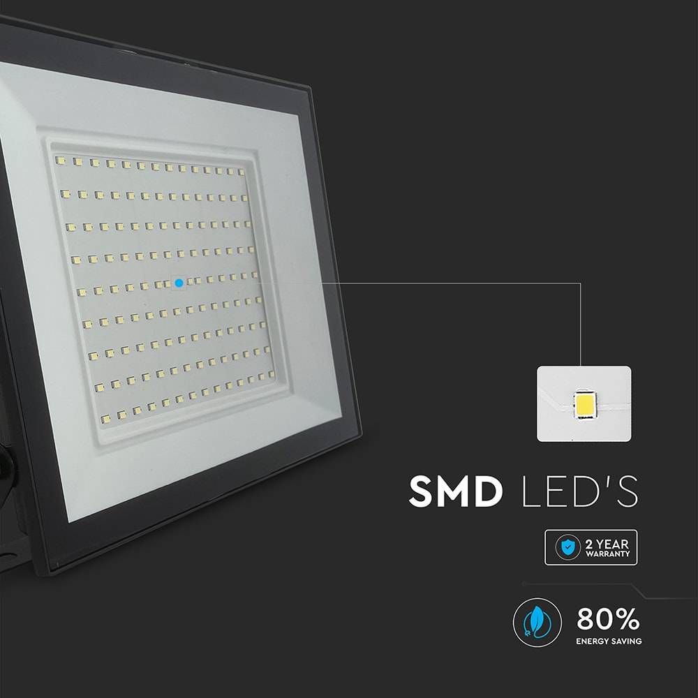 Ein rechteckiges LED-Panel mit kleinen gitterförmigen SMD-LEDs wird gezeigt. Der Text lautet „SMD-LEDs
