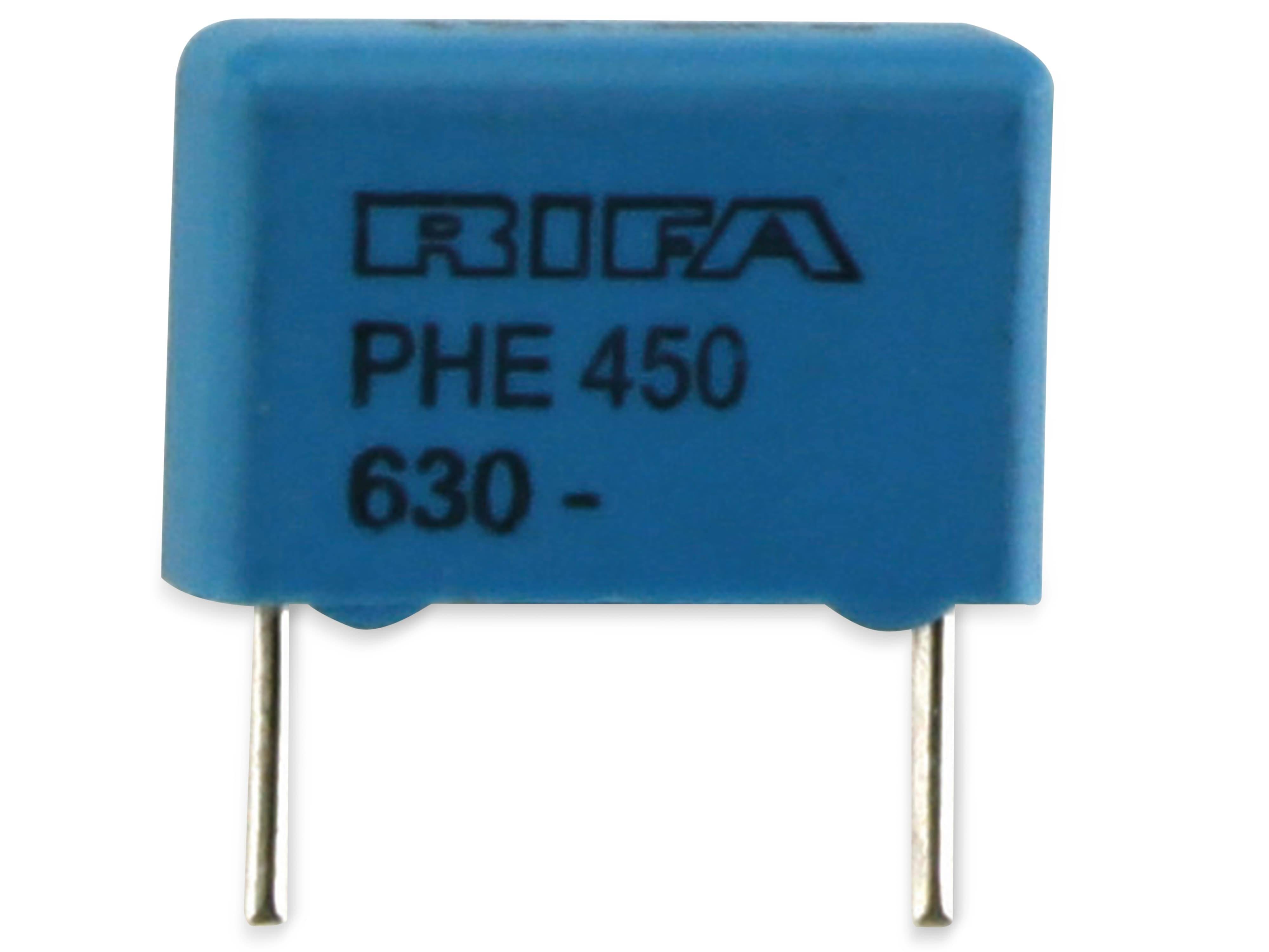 Ein blauer RIFA PHE 450 Kondensator mit zwei Metallanschlüssen, die sich von unten erstrecken, wird gezeigt.