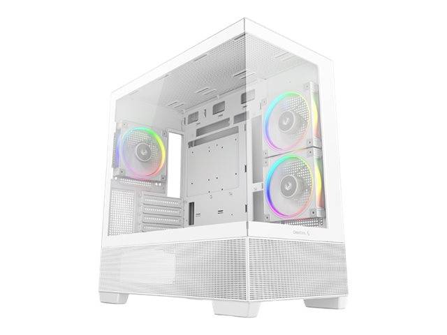 Ein weißes, eckiges Computergehäuse mit transparentem Seitenpanel, das drei farbenfrohe, kreisförmige interne Lüfter zeigt und die Kühlungsleistung hervorhebt.