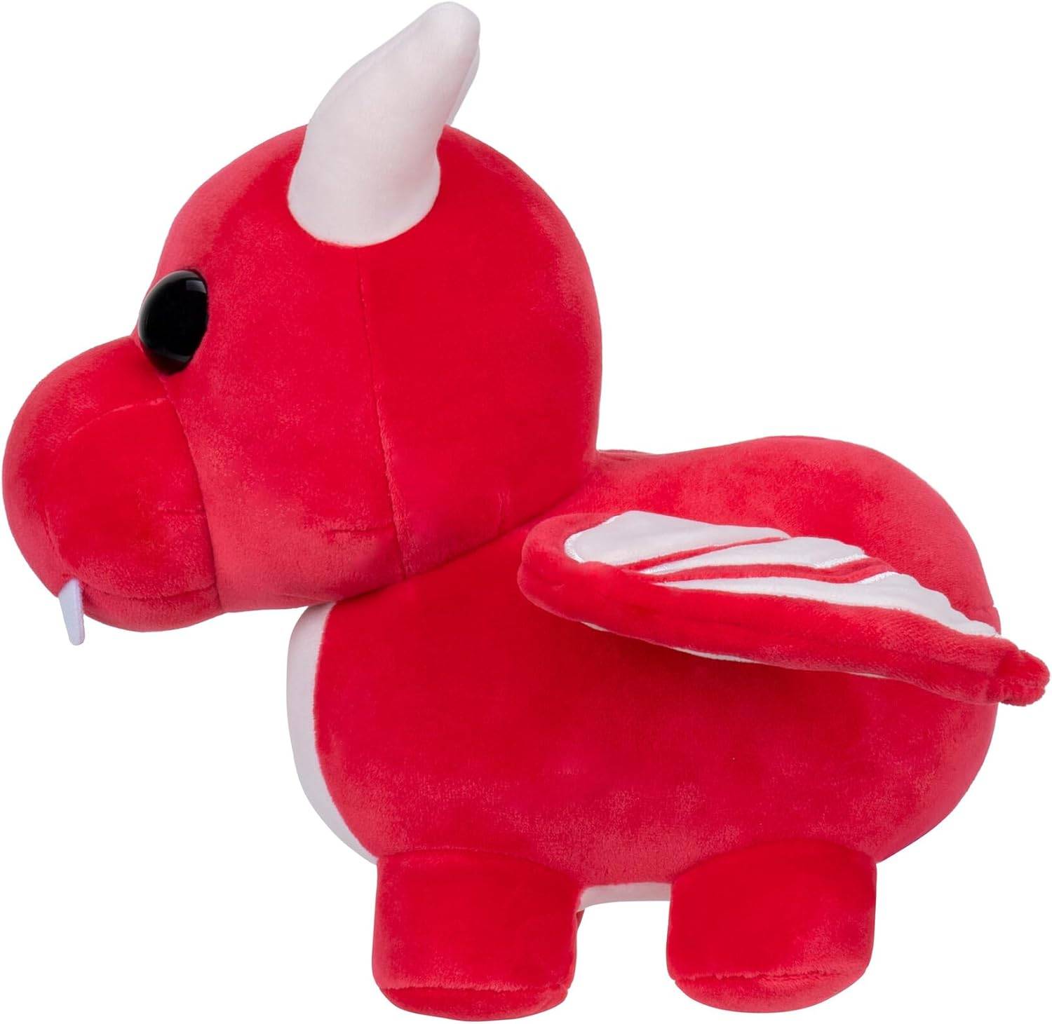 Ein rotes Plüschtier in Form eines Drachen mit kleinen Flügeln, einem Horn und großen schwarzen Augen, positioniert auf einem schlichten weißen Hintergrund.