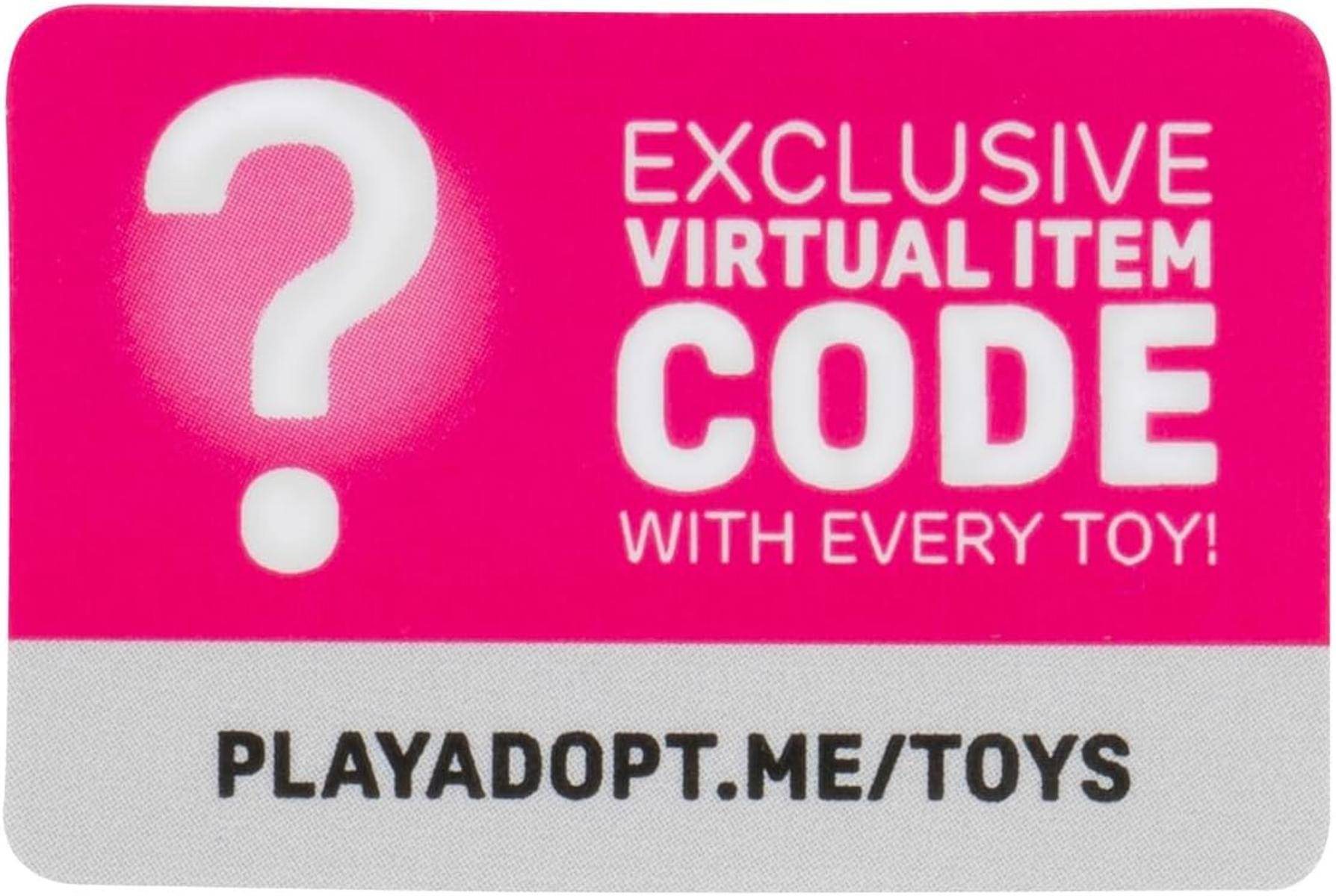 Rosa und weiß Banner mit einem Fragezeichen und Text: „Exklusiver Code für virtuellen Gegenstand bei jedem Spielzeug.