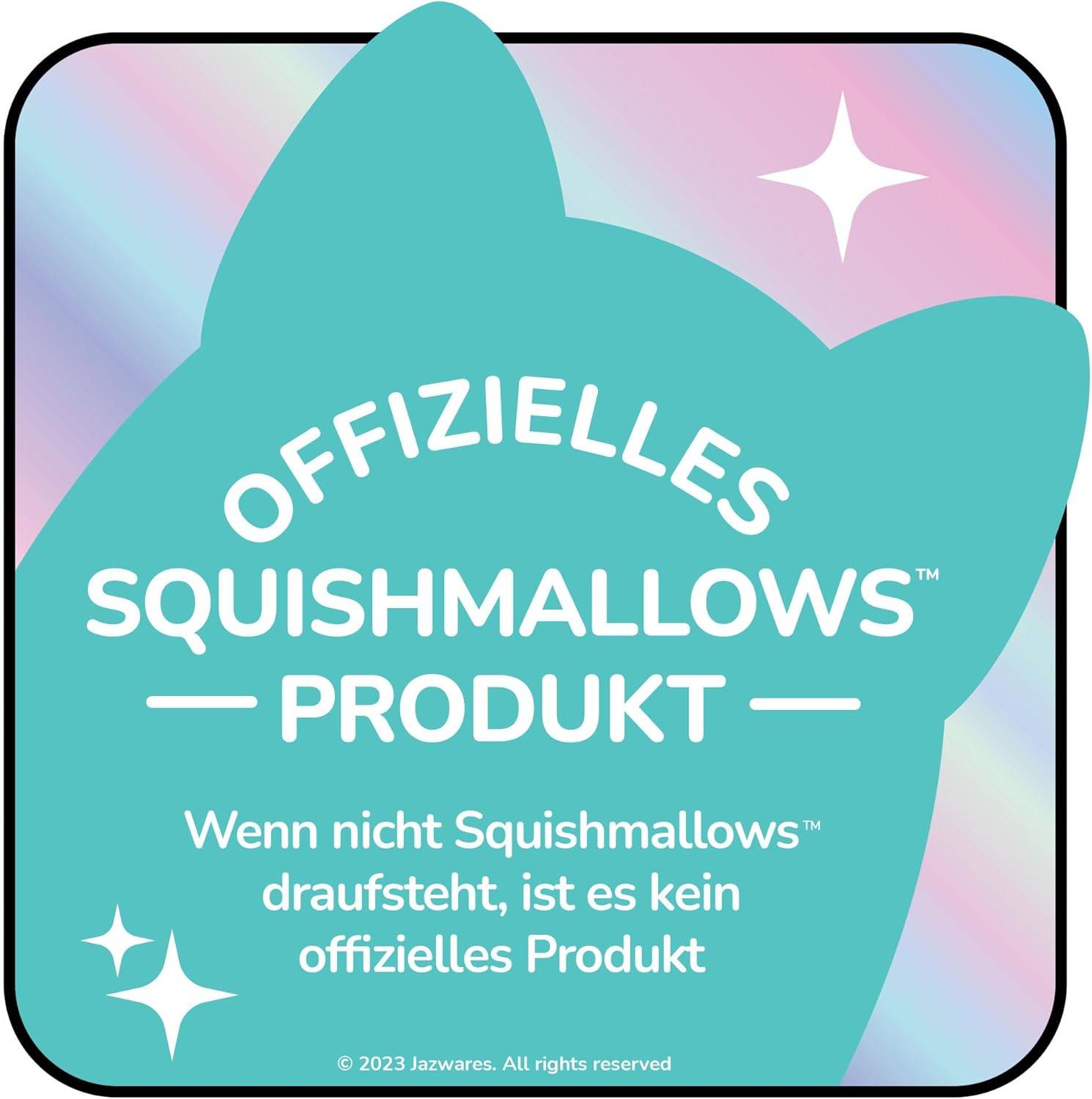 Ein pastellfarbenes Etikett besagt „Offizielles Squishmallows Produkt. Wenn nicht Squishmallows draufsteht, ist es kein offizielles Produkt.