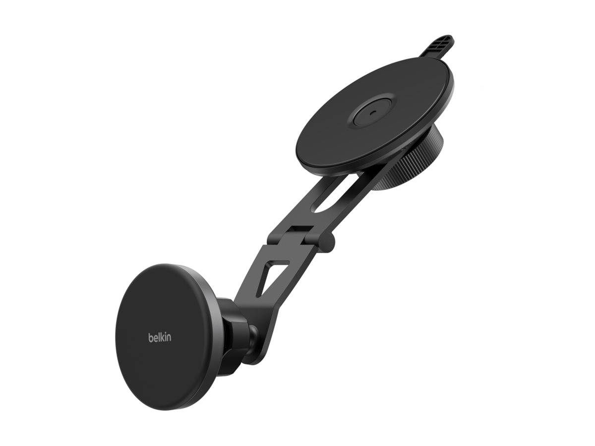 Schwarze Belkin magnetische Kfz-Telefonhalterung mit verstellbarem Arm und runder magnetischer Halterung auf weißem Hintergrund
