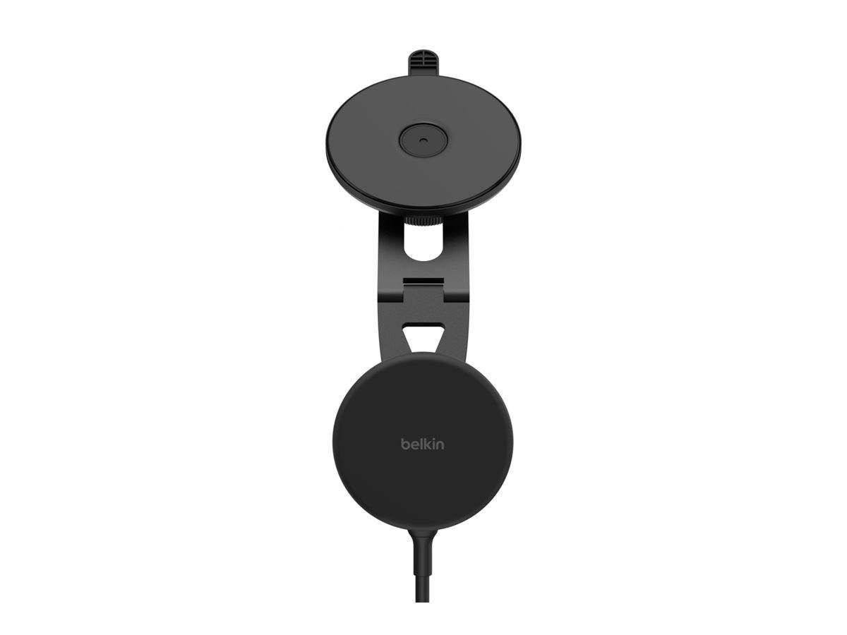 Schwarze Belkin-Handyhalterung mit Magnethalterung, kreisförmiger Basis und verstellbarem Arm, auf weißem Hintergrund dargestellt.