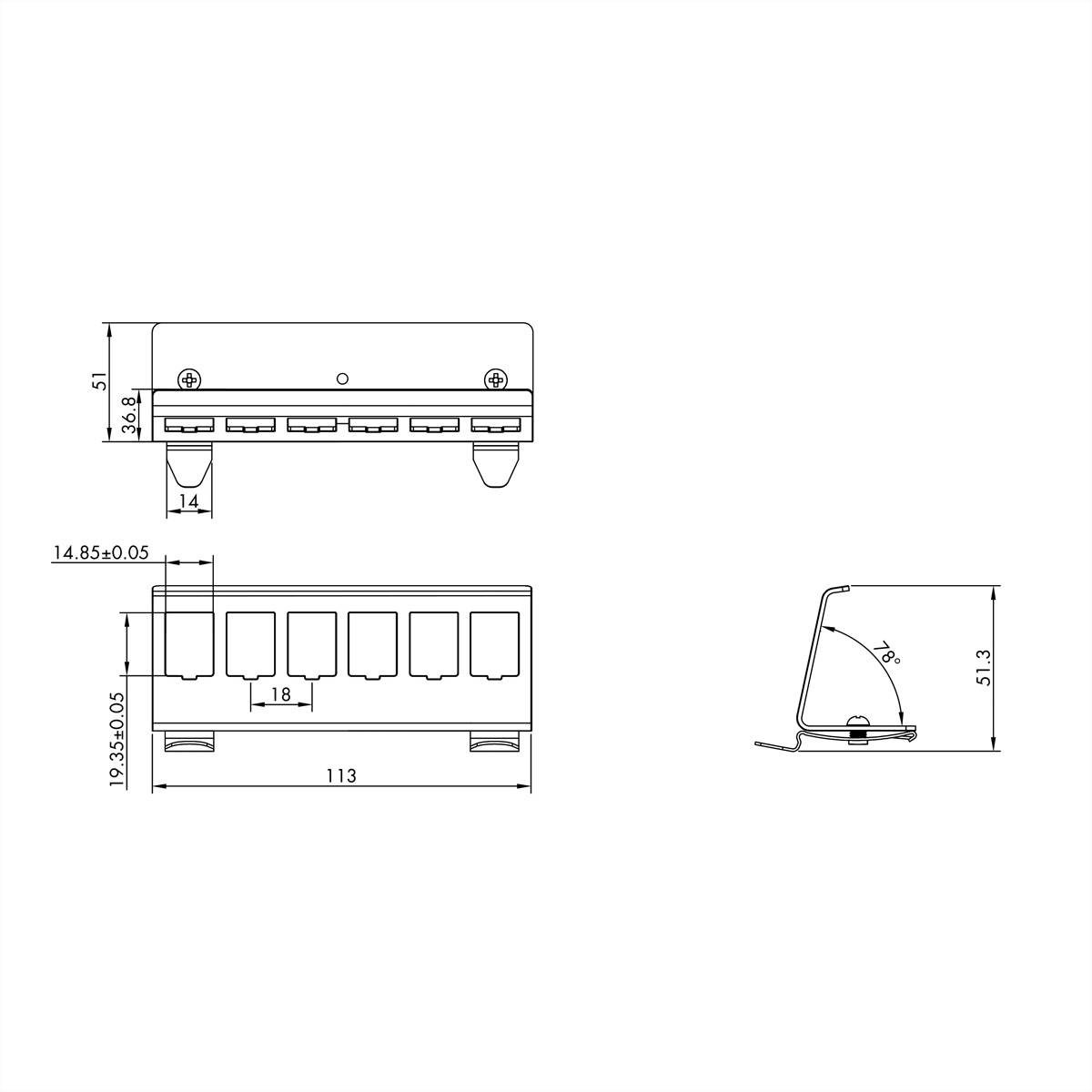 „Diagramm, das die Abmessungen eines rechteckigen Gehäuses für elektronische Geräte zeigt: Länge 113 mm, Breite 14,85 mm, Höhe 19,3 mm, mit Seitenansicht Höhe 51,3 mm.