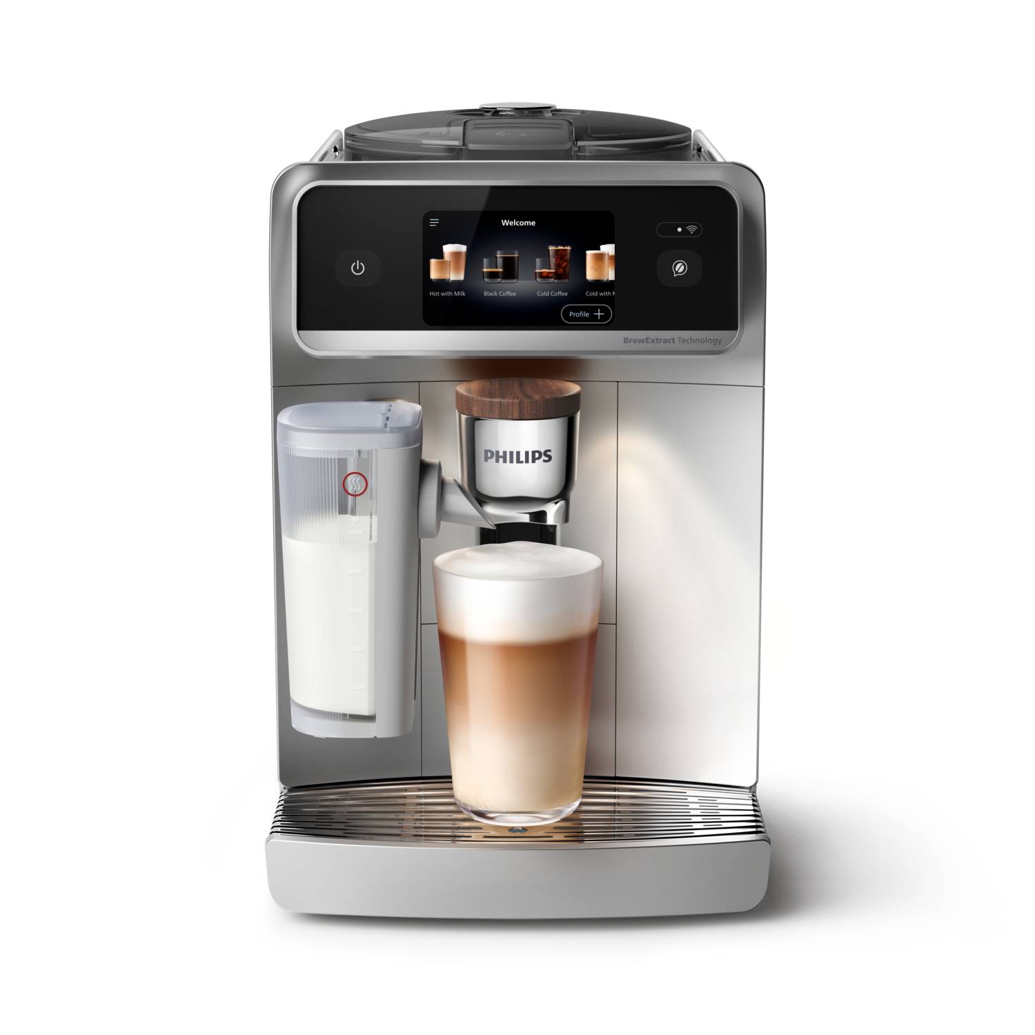 Philips automatische Kaffeemaschine, die einen geschichteten Latte in ein hohes Glas dispensiert, mit Milchbehälter auf der linken Seite und Touchscreen-Bedienelementen oben.