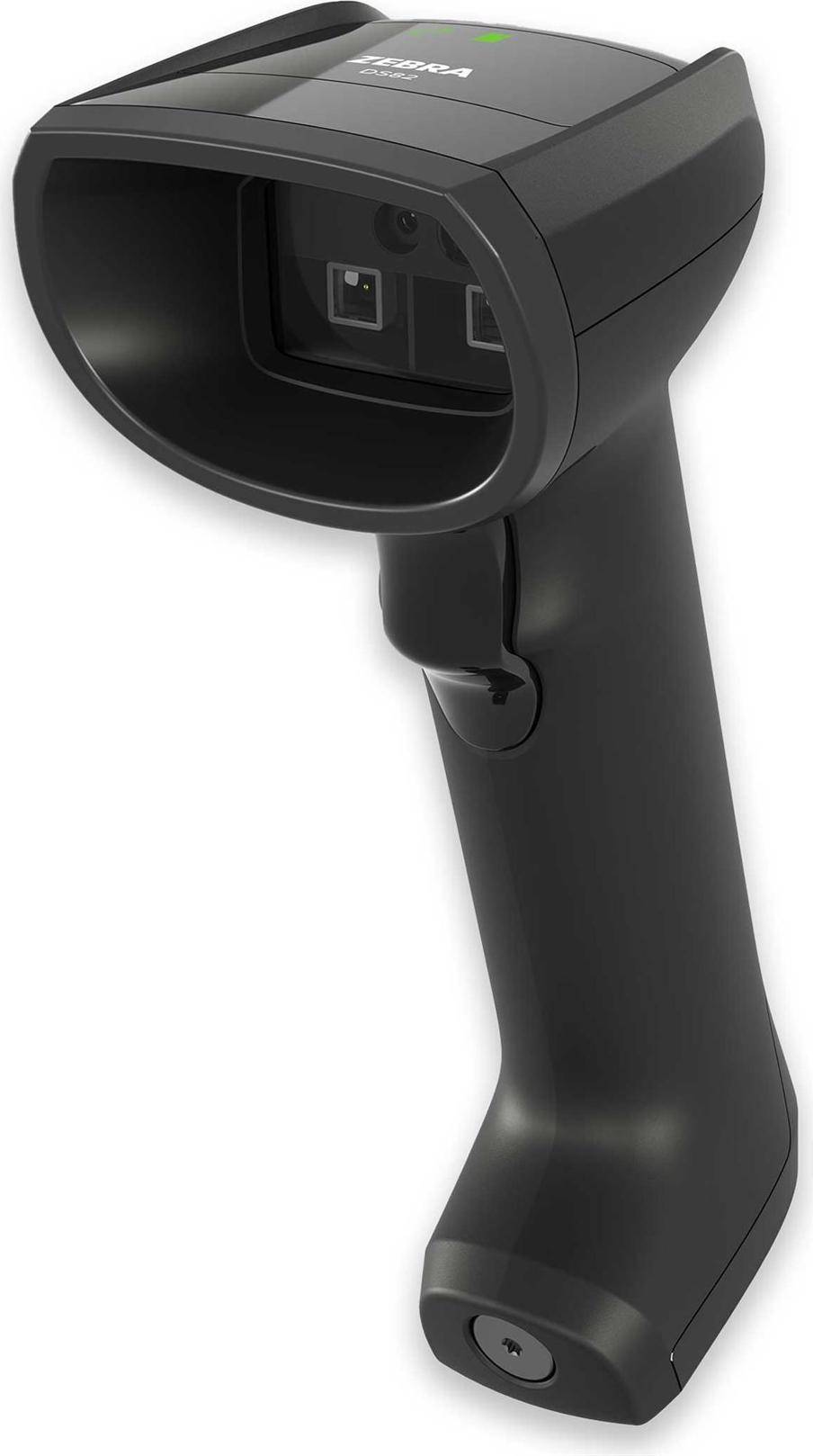 Tragbarer schwarzer Barcode-Scanner mit Auslöser und Scannfenster auf weißem Hintergrund