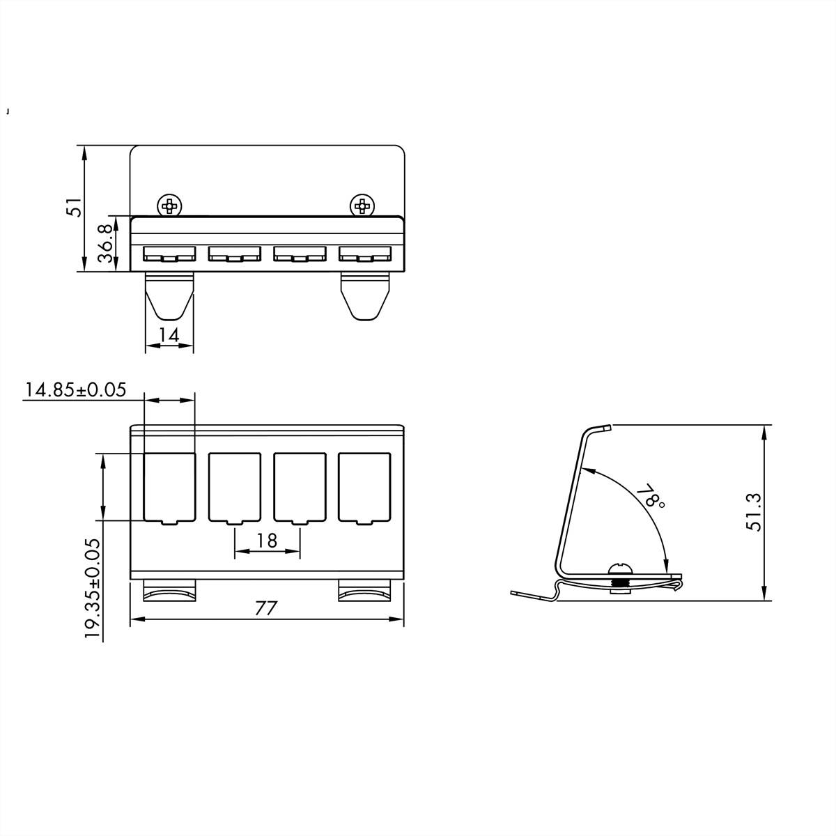Technische Zeichnung eines Schalters mit Abmessungen: Breite 78 mm, Höhe 51,3 mm, Tiefe 36,5 mm und Befestigungslöcher im Abstand von 14,8 mm.