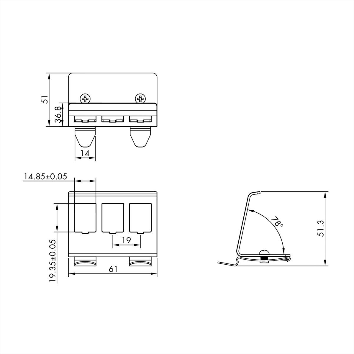 Technische Zeichnung einer Drei-Schalter-Bedienplatte mit Vorder-, Seiten- und Draufsicht mit Abmessungen: 61mm Breite, 51mm Höhe und 19mm Tiefe.