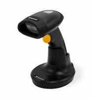 Ein schwarzer tragbarer Barcode-Scanner mit gelbem Knopf, auf einem Ständer angezeigt, geeignet für den Einzelhandel oder die Bestandsverwaltung.