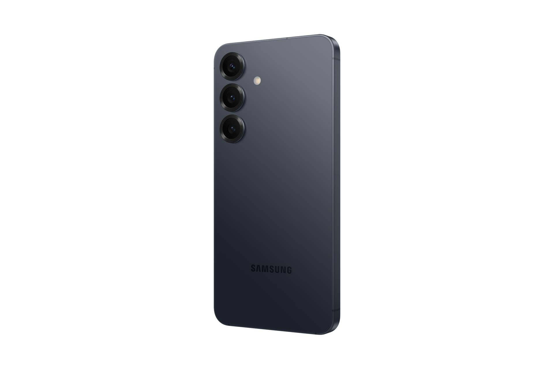 Rückseite eines dunklen Samsung-Smartphones mit drei vertikal angeordneten Kameras und einem Blitzlicht auf der Rückseite.